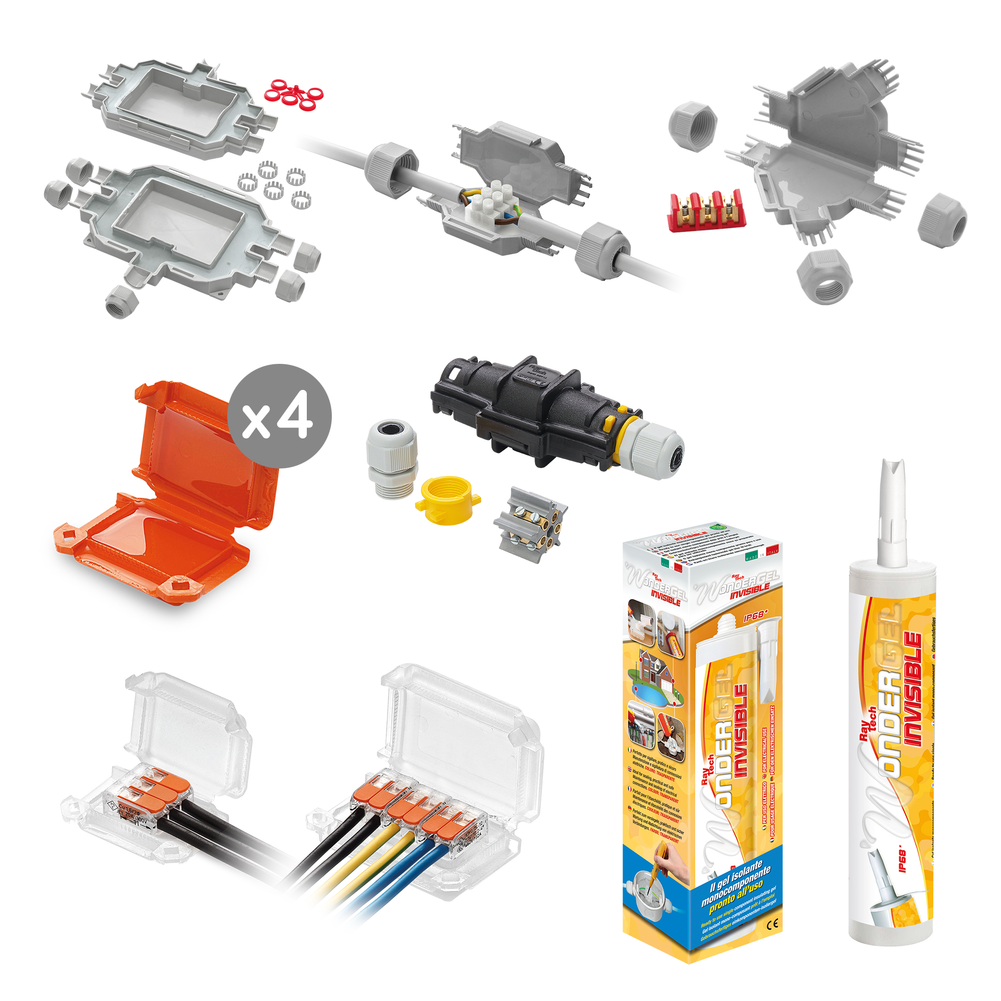 Installateurset mit Wonder Gel, Fox Box Verteilerdose, RAPID JOINT Verbindungsmuffe und den Mikro-Verbindungsmuffen HAPPY JOINT 6 und 3, HAPPY O, FRED und FRED Y