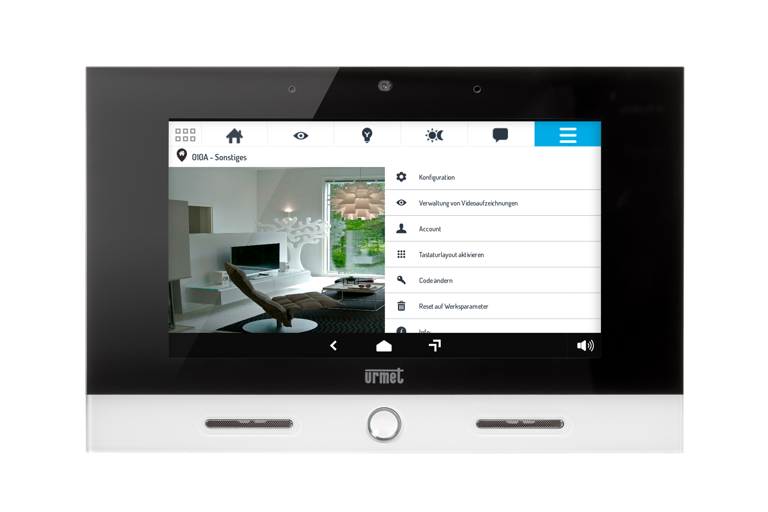 Touchscreen-Videomonitor von Urmet mit Benutzeroberfläche zur Steuerung von Smart-Home- und Videoüberwachungsfunktionen.