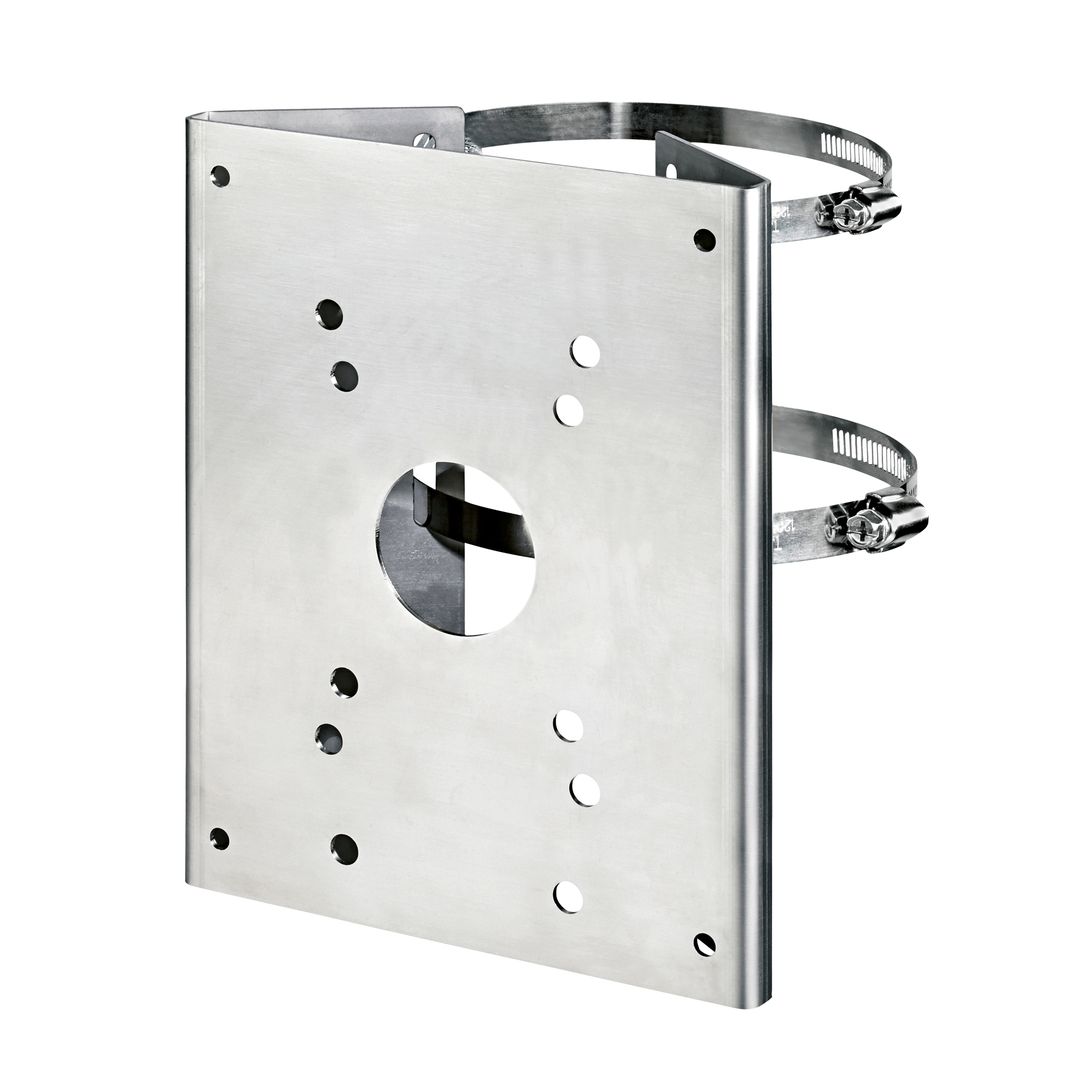 Mast-Halterung aus Metall mit glatter Montageplatte und zwei verstellbaren Spannbändern, schräger Blickwinkel