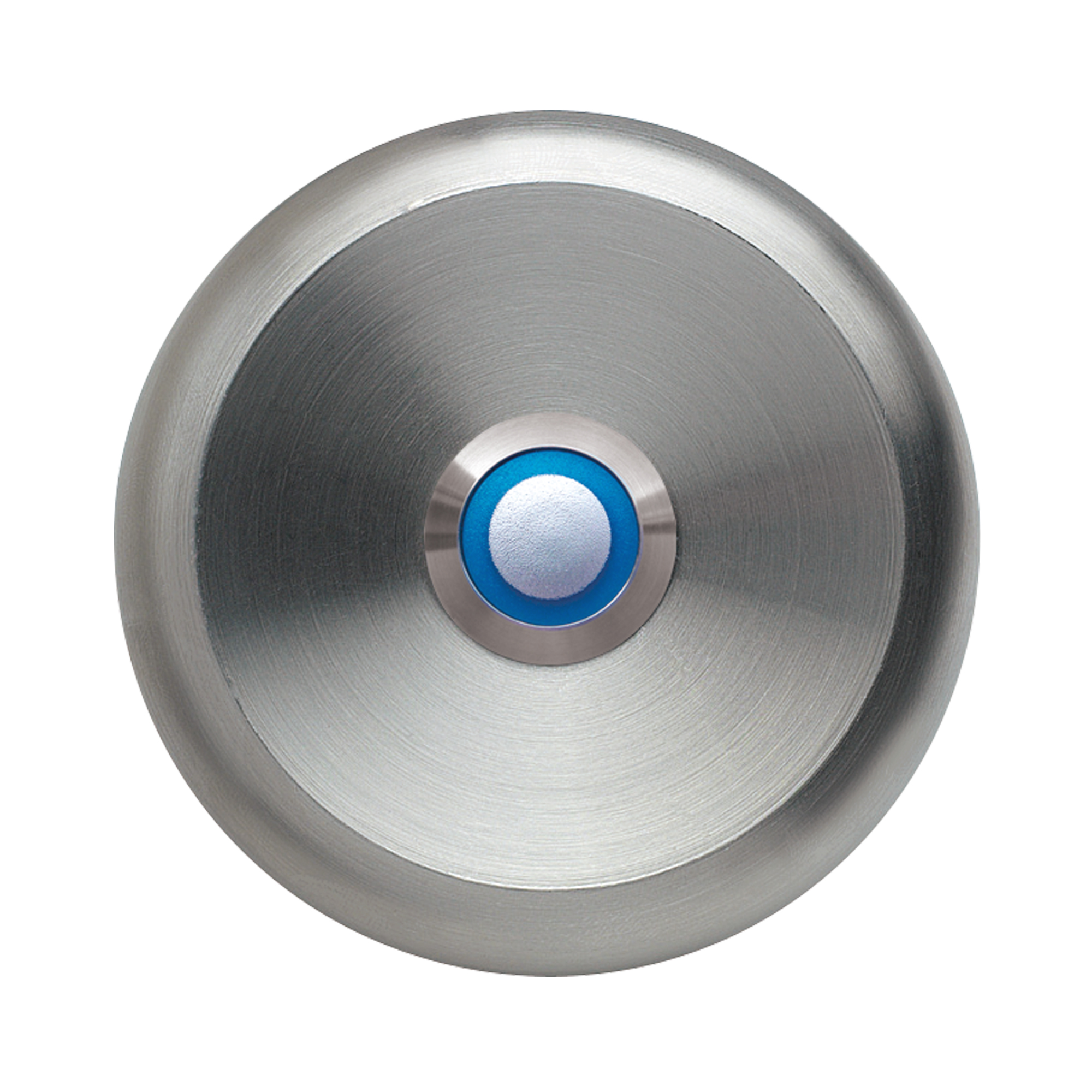Runder Klingeltaster aus Edelstahl mit zentralem Druckknopf und blau beleuchtetem LED-Ring, frontal aufgenommen.