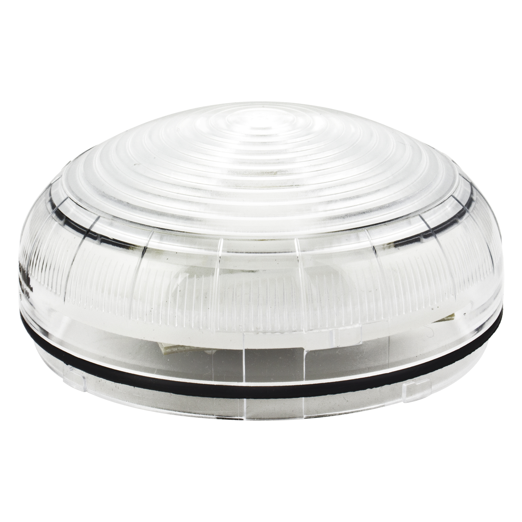 Weiße Multileuchte mit flacher, transparenter, gewölbter Haube und schwarzem Dichtring, geeignet für vielseitige Signal-Anwendungen.