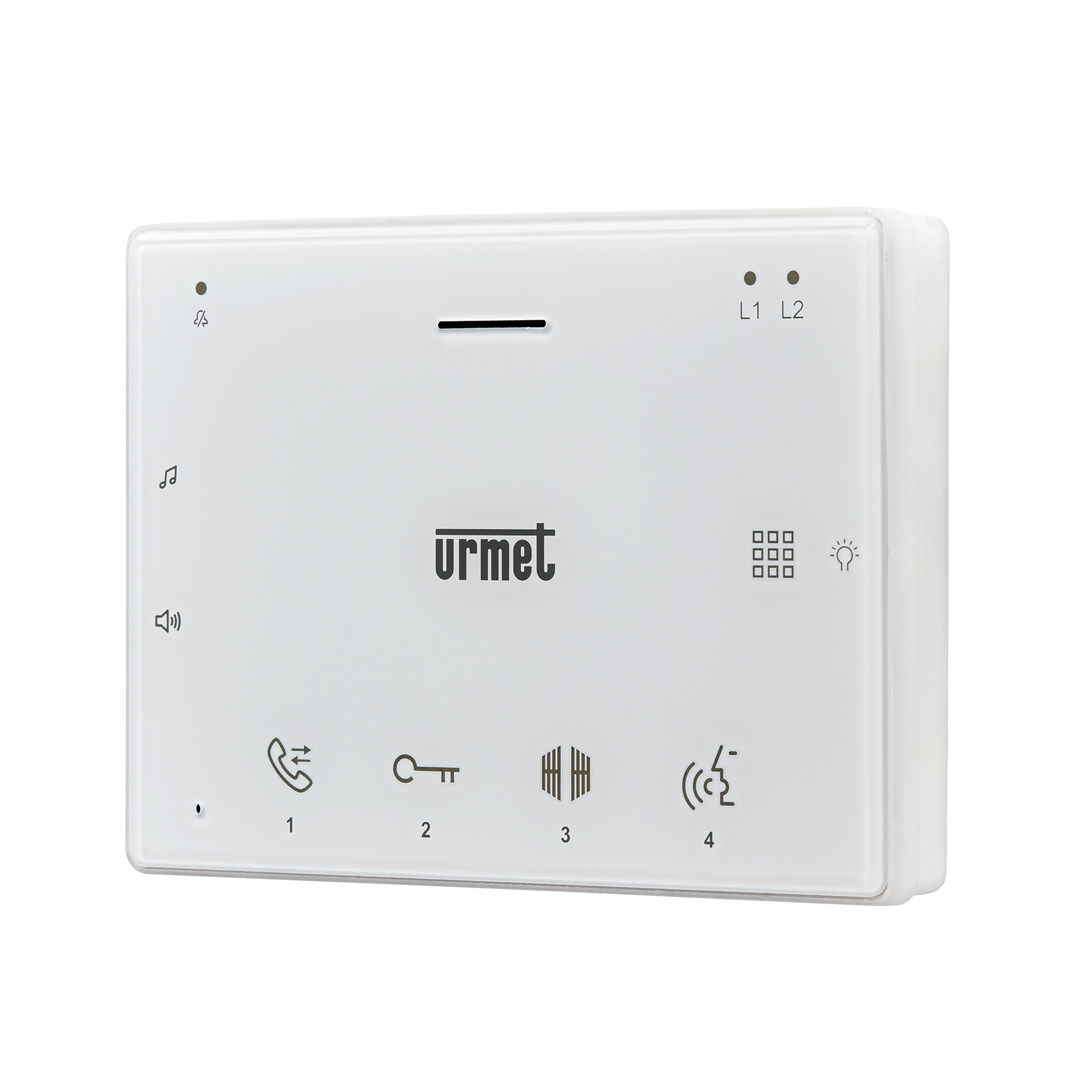 Weißes Freisprechtelefon mit LED-Anzeigen, Soft-Touch Tasten für Tür- / Toröffner, Gegensprechen , frontal fotografiert.