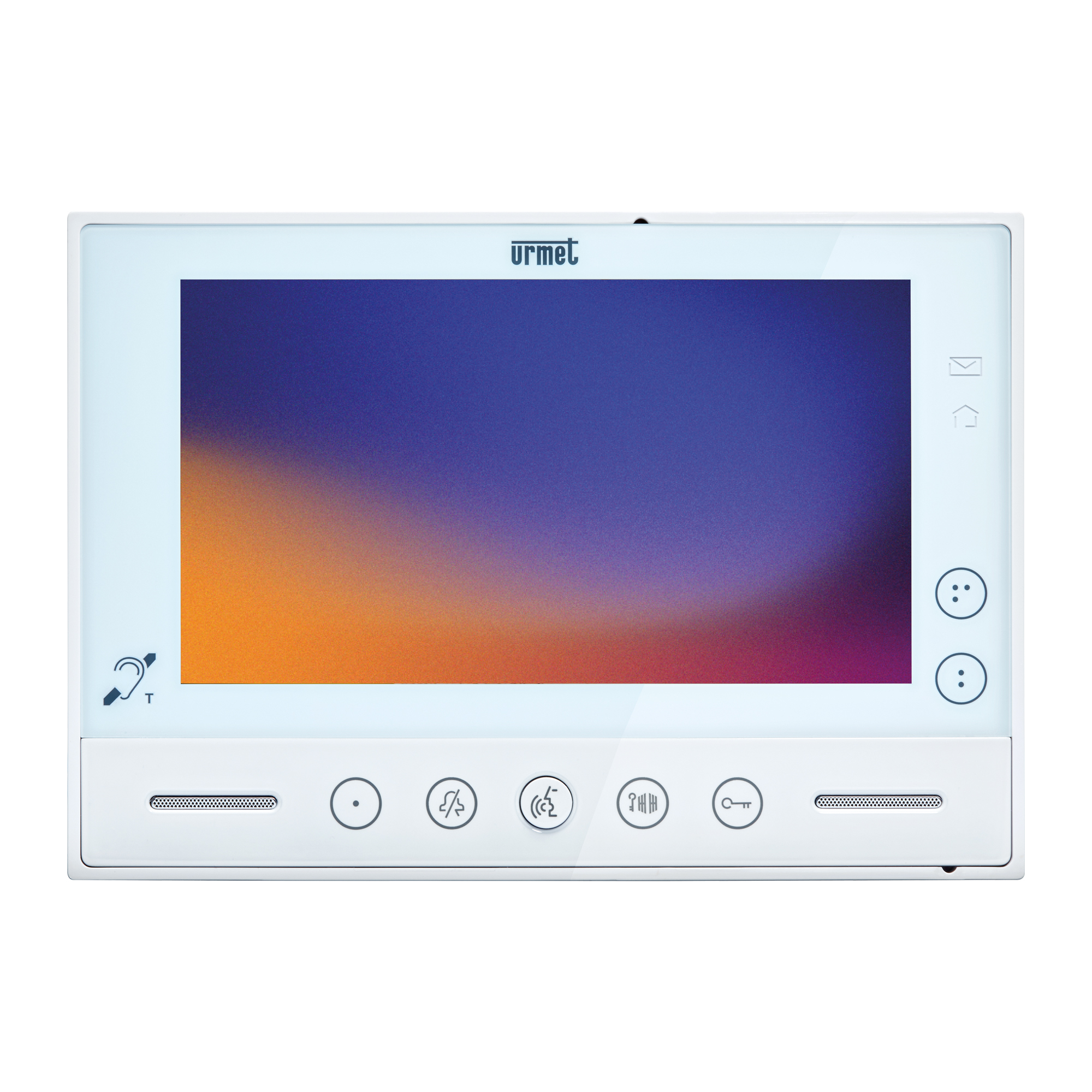 Weißer Monitor mit Farbdisplay, seitlichen Bedientasten, sechs Symboltasten unten und zwei Lautsprecherschlitzen.