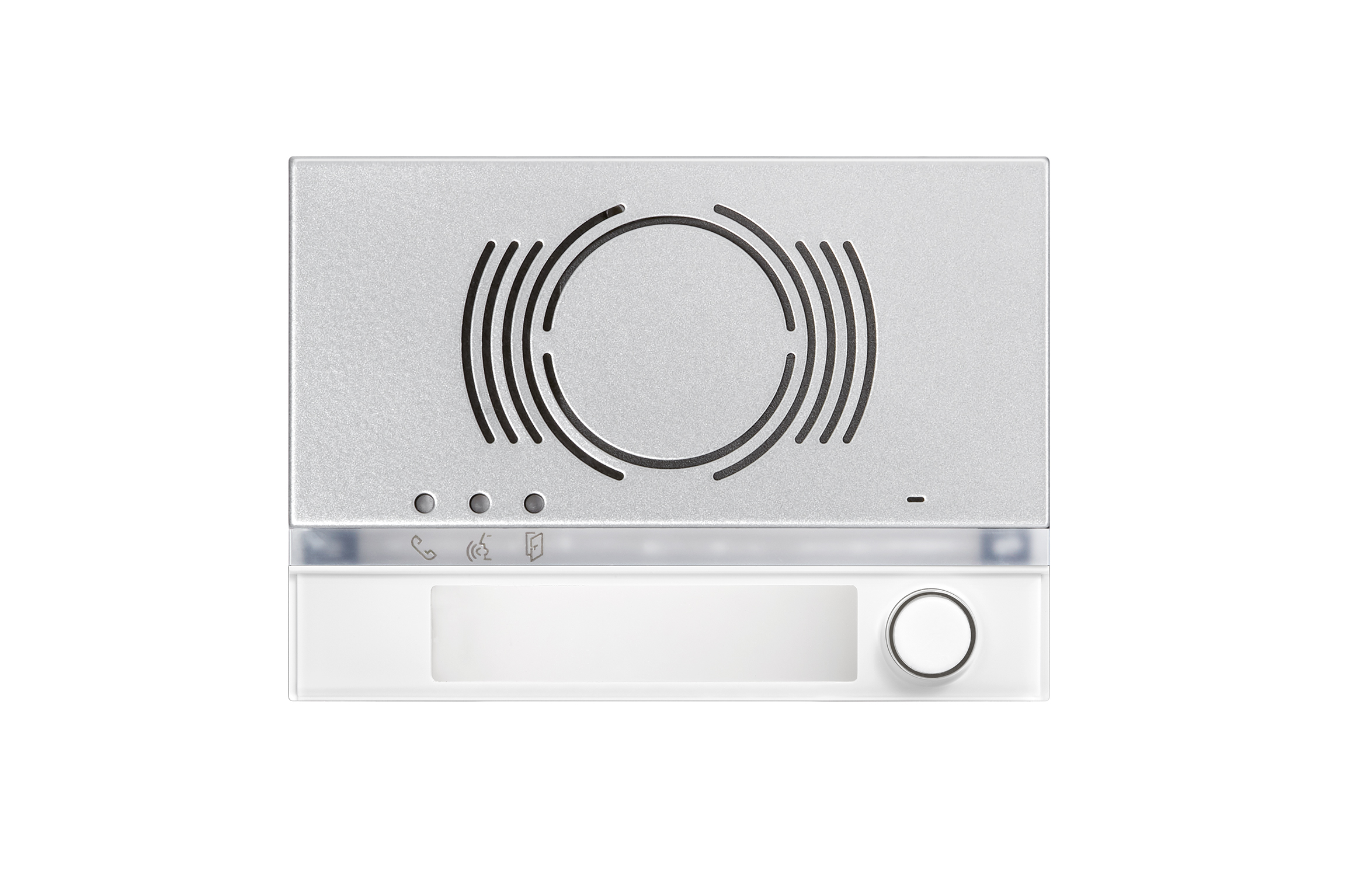 Audio-Türlautsprecher-Abdeckung in Silber mit runden Schlitzen, drei Status-LEDs, weißem Unterteil und Namensschild.