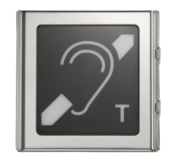 Modul mit Hörgeräte-Symbol und T-Zeichen, schwarzer Hintergrund mit Edelstahlrahmen, Frontansicht.
