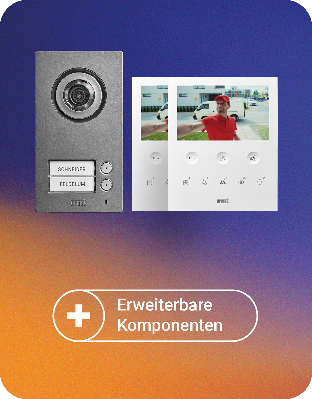 Video-Sprechanlagen-Set Comfort Zweifamilienhaus mit MIKRA Türstation, zwei VOG 5 Videomonitoren und einem Smartphone-Display, welches, genau wie der Videomonitor das Videobild  mit einem Essenslieferanten vor der Tür zeigt; darunter steht "+ Erweiterbare