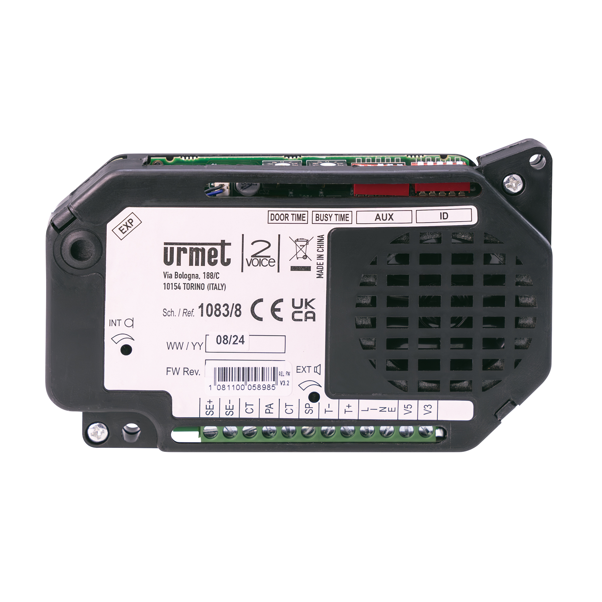 Urmet Türlautsprecher 1083/8 in schwarzem Gehäuse mit Lüftungsgitter, Anschlussklemmen, DIP-Schaltern und CE-Logo.