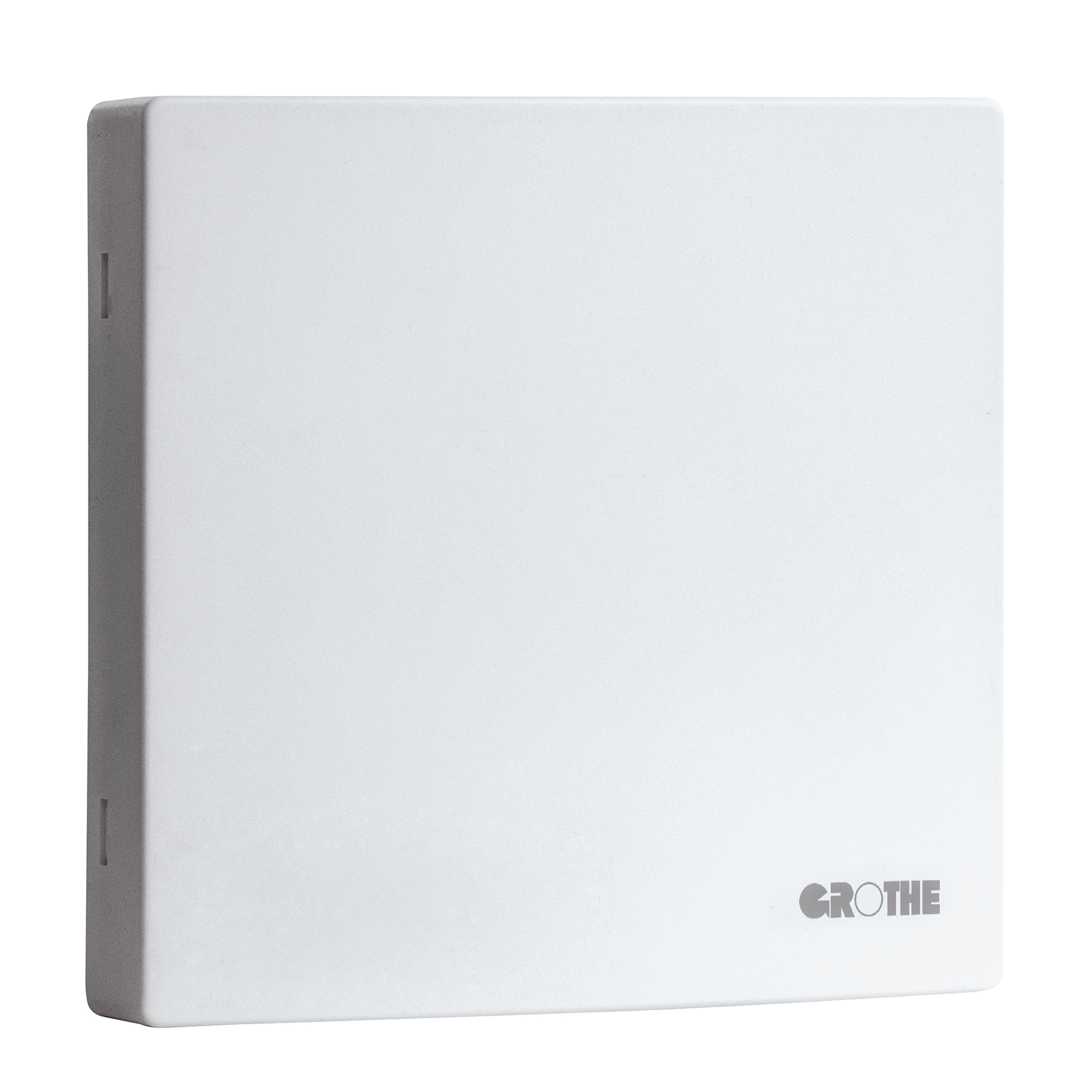 Weißer Funk-Repeater mit schlichter, quadratischer Front und Grothe-Logo, schräge Seitenansicht.