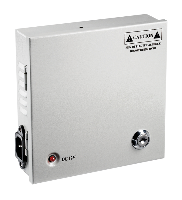Abschließbares Metallgehäuse für ein 12V-Netzteil, mit Warnhinweis auf elektrischen Schlag
