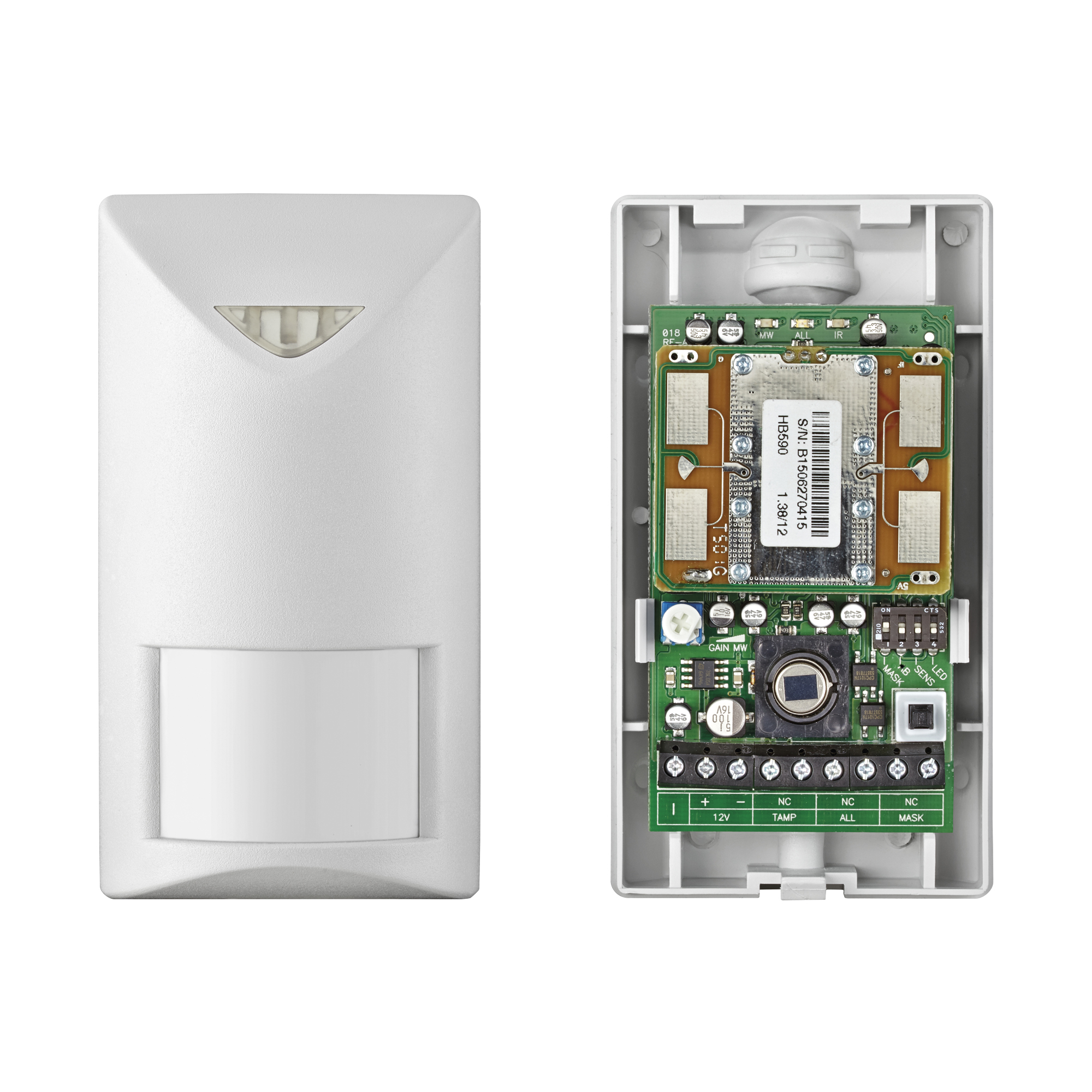 Weißer Bewegungsmelder im geöffneten Zustand mit sichtbarer Platine.