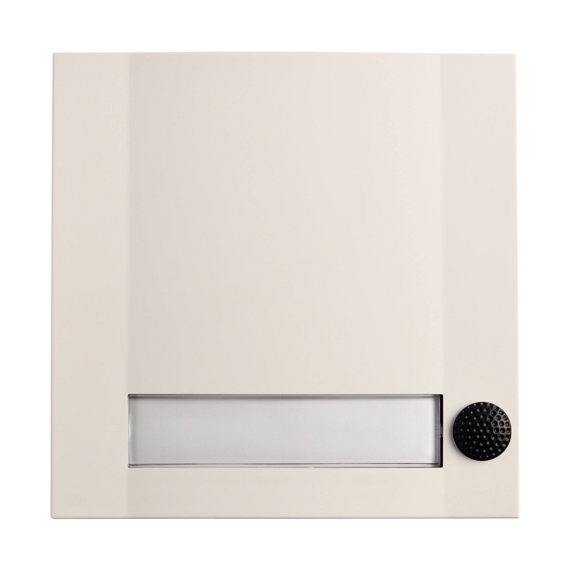 Klingeltaster mit großer weißer Front, unten rechts schwarzer Druckknopf, darunter ein horizontaler Namensschild-Einsatz