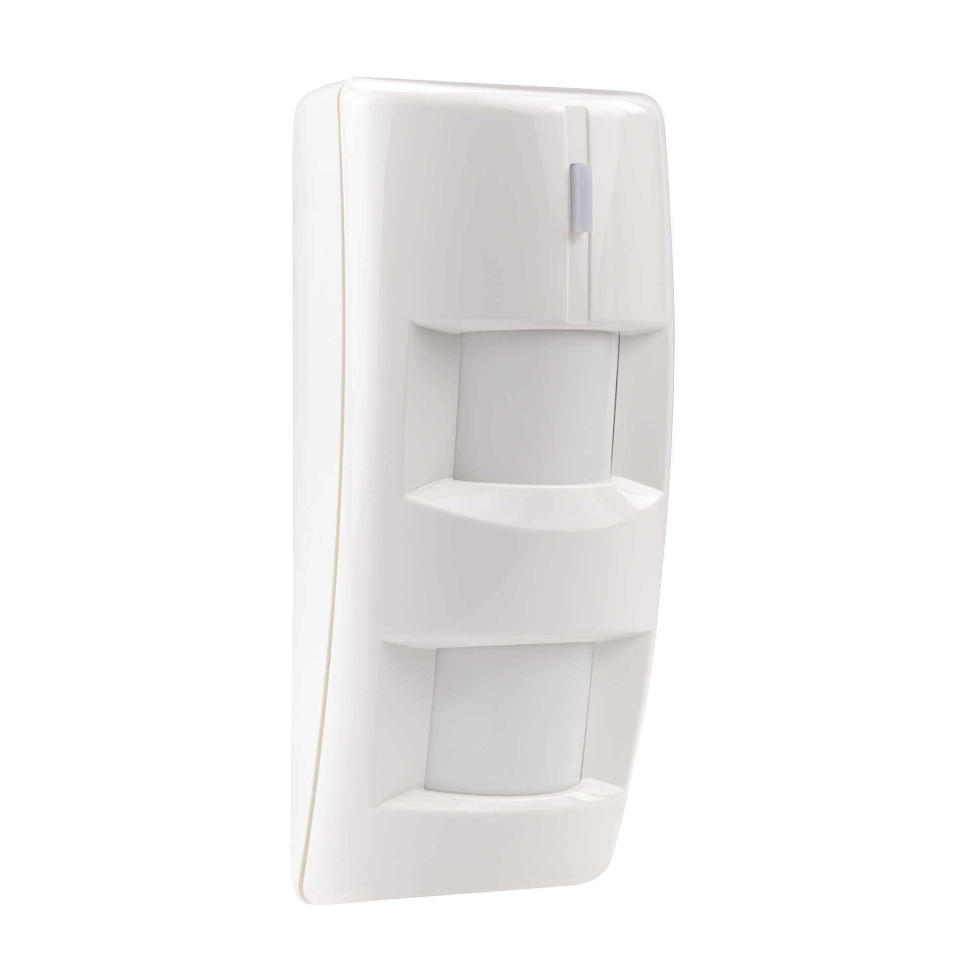 Weißer Dual-Bewegungsmelder mit zwei übereinander angeordneten Sensorfeldern und LED-Anzeige