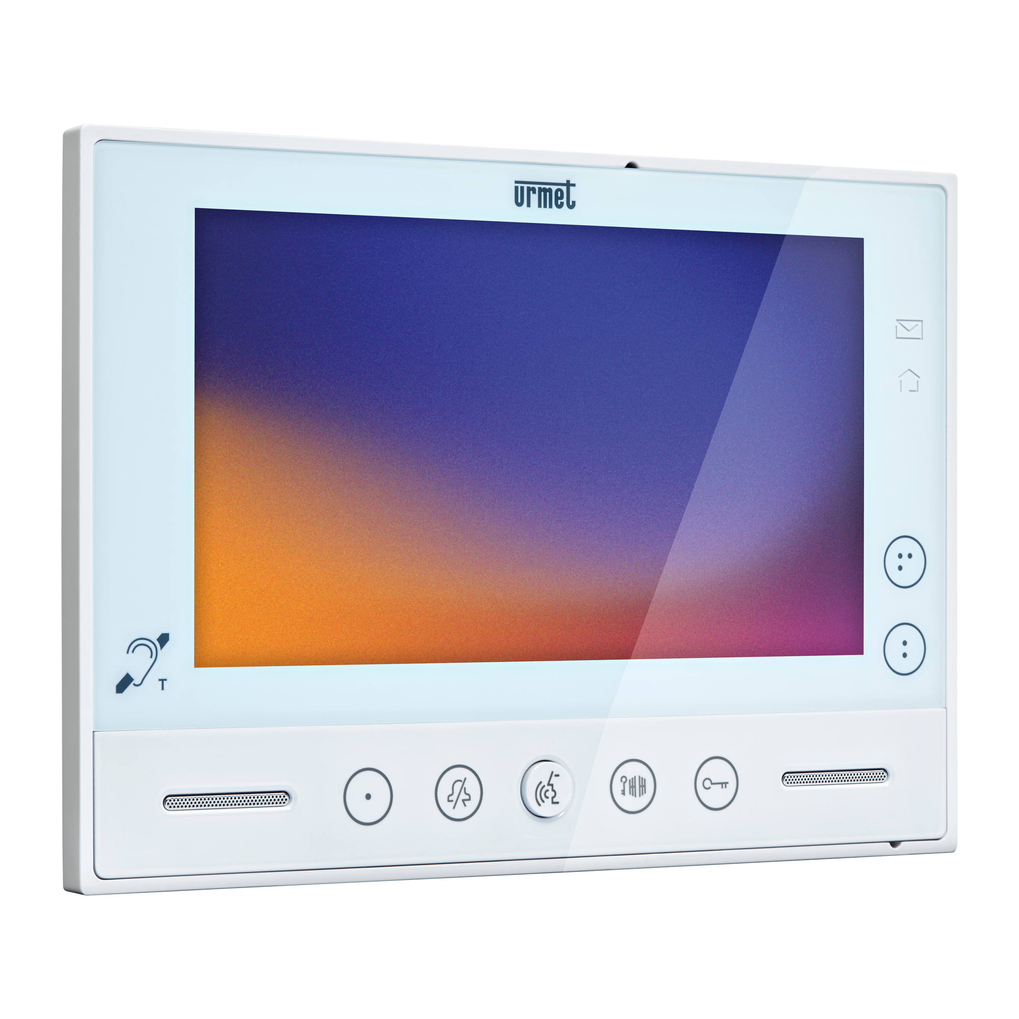 Weißer Monitor mit Farbdisplay, seitlichen Bedientasten, sechs Symboltasten unten und zwei Lautsprecherschlitzen.