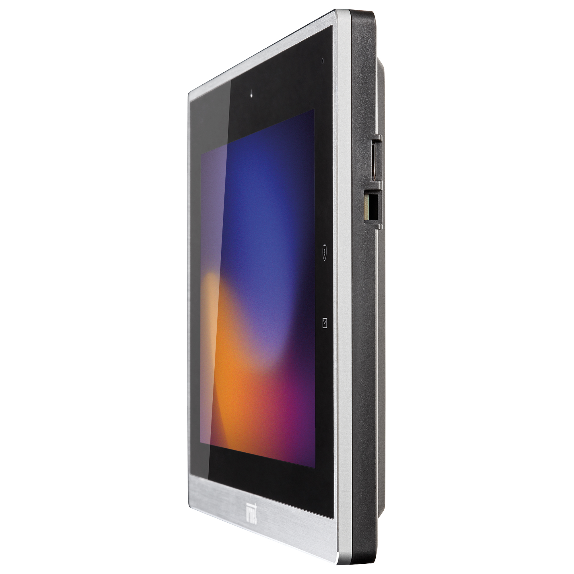 Videomonitor mit Touchscreen und Metallrahmen, großes Farbdisplay, seitliche Sensortasten mit Symbolen für Bedienfunktionen.