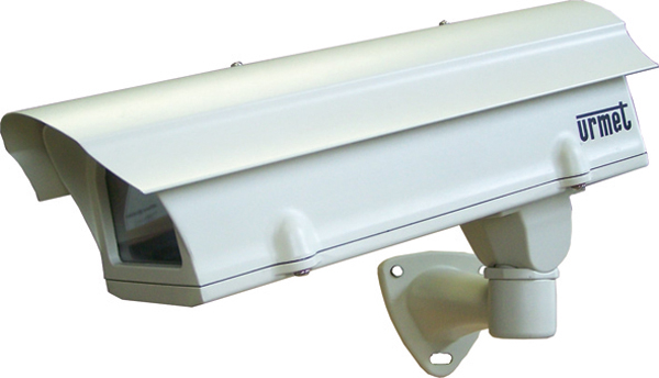 Wettergeschütztes Kameragehäuse für Bulletkameras zur Wandmontage, mit Sonnenschutzdach und Sichtfenster