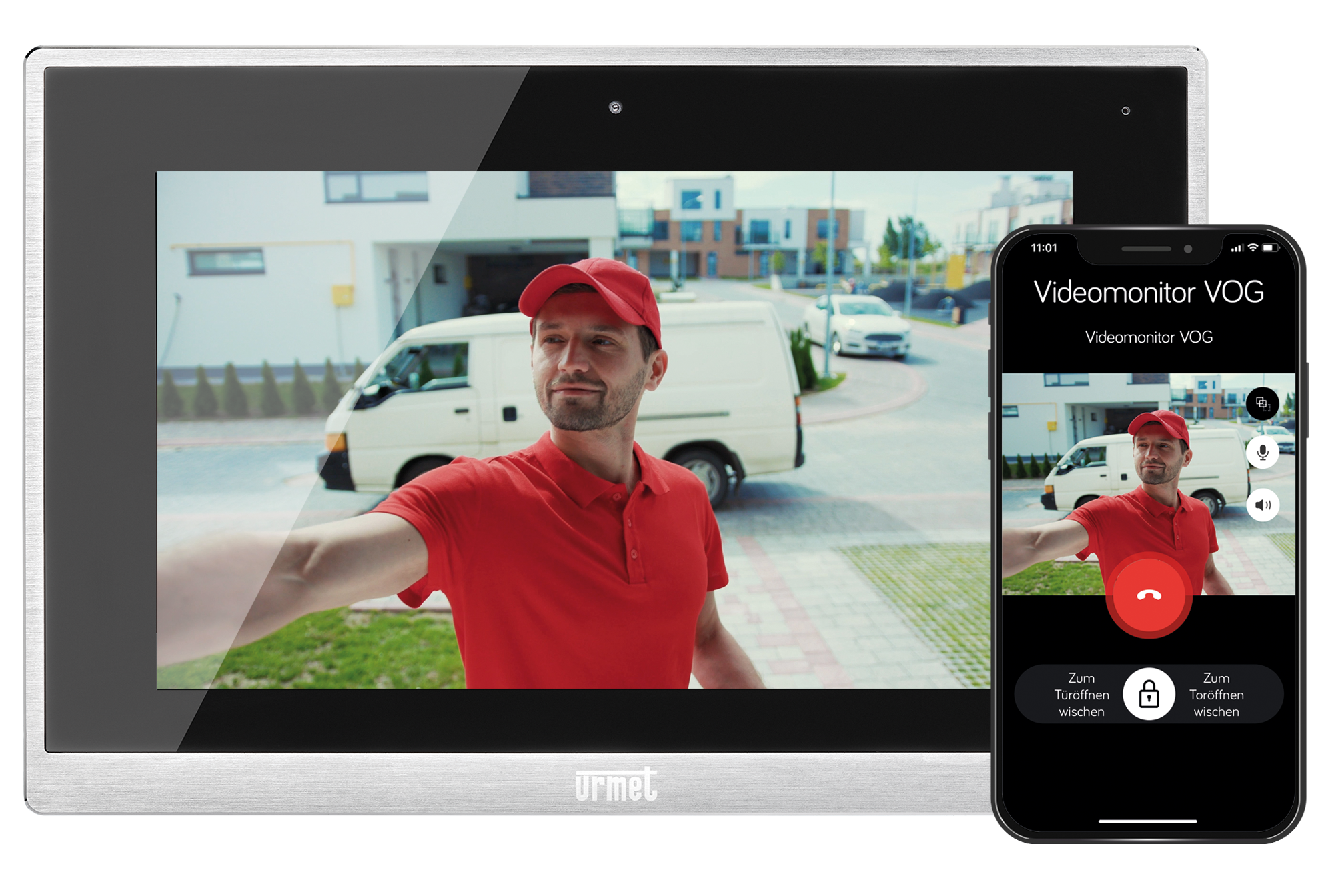 Videomonitor MAX mit rotem Postbote im Bild, Handx daneben auch mit rotem Postboten im Bild.