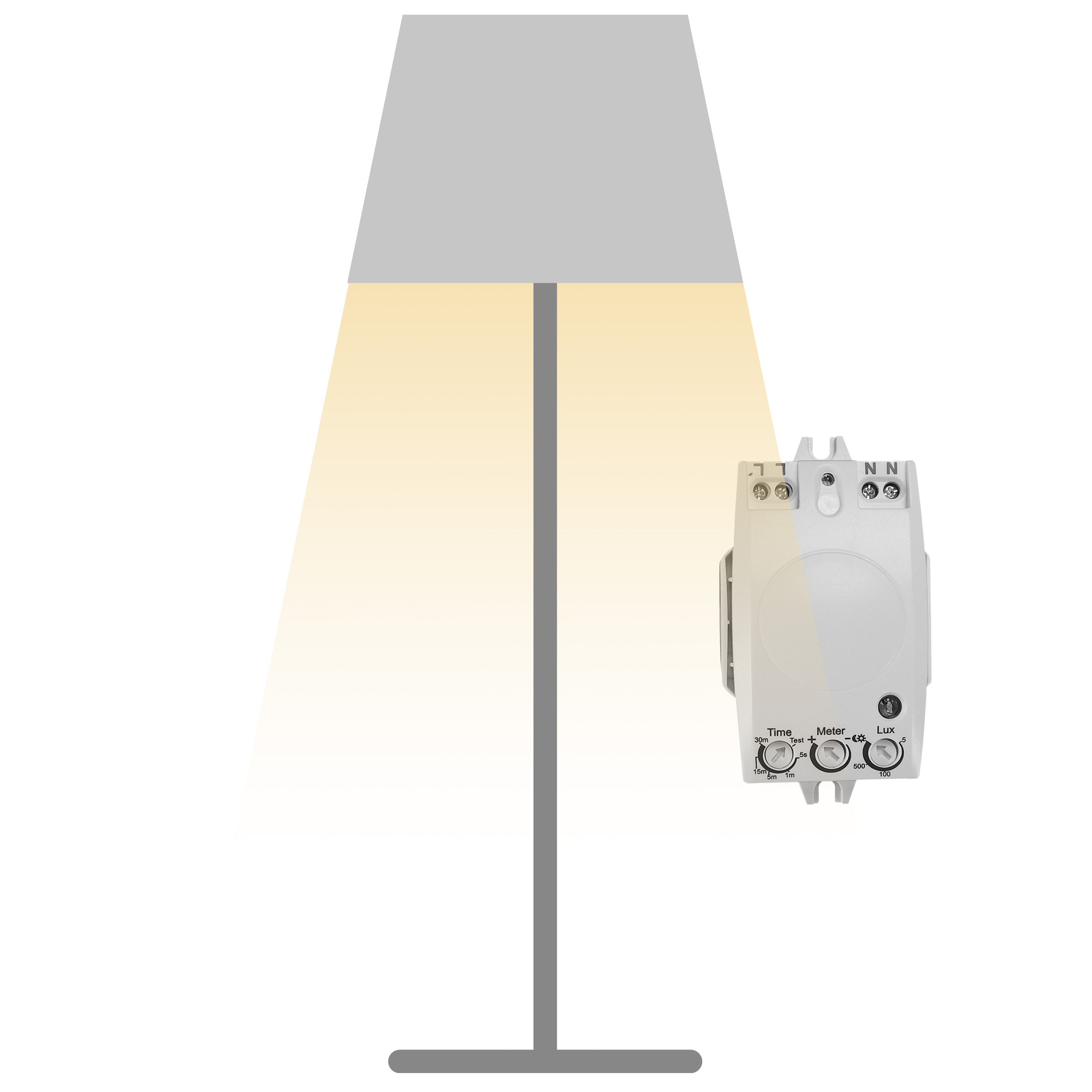 Grafik einer Stehlampe, daneben in groß der Bewegungsmelder Lampeneinbau