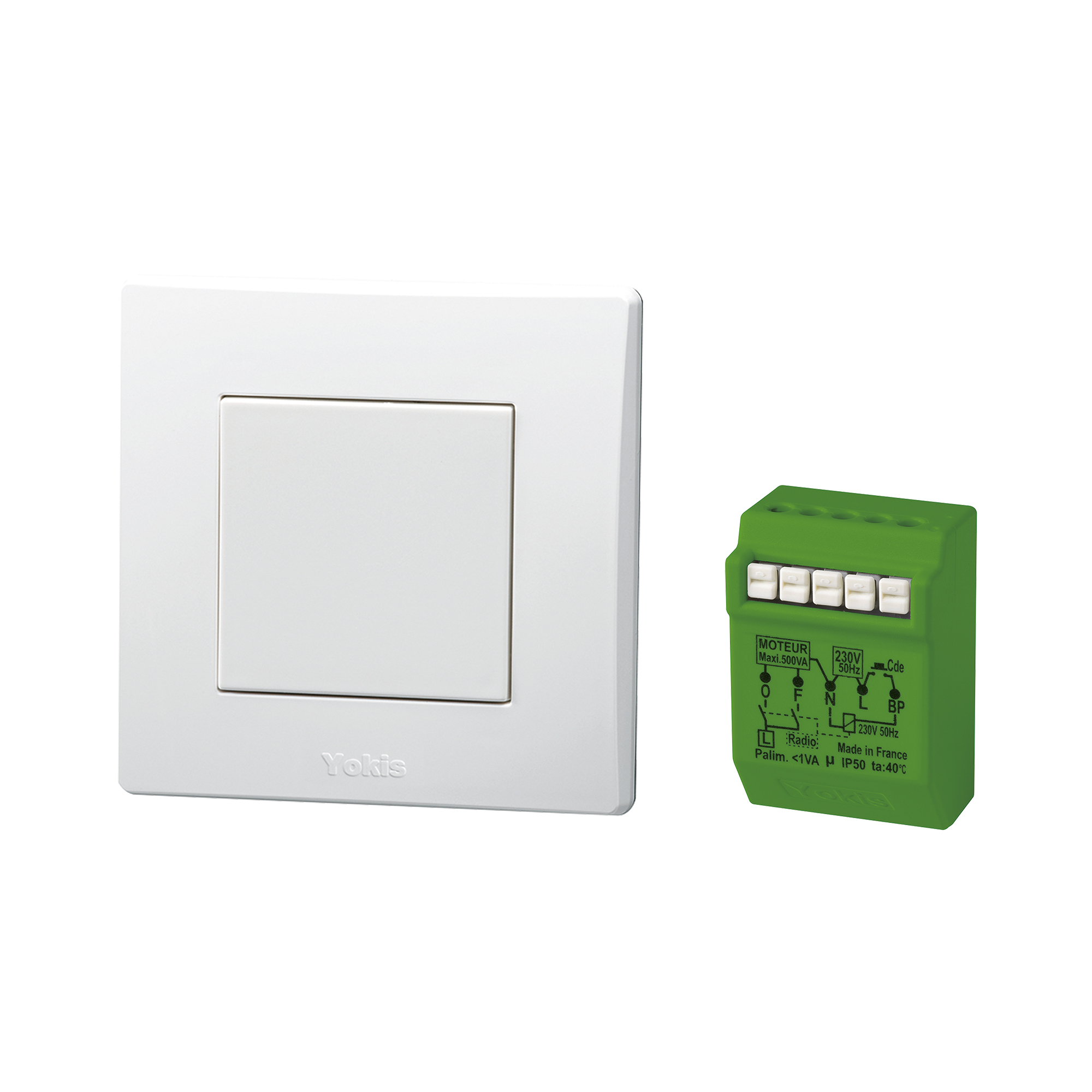 Funk-Rollladen-Set von Yokis mit weißem Wandsender und grünem Funkaktor für Motorsteuerung.