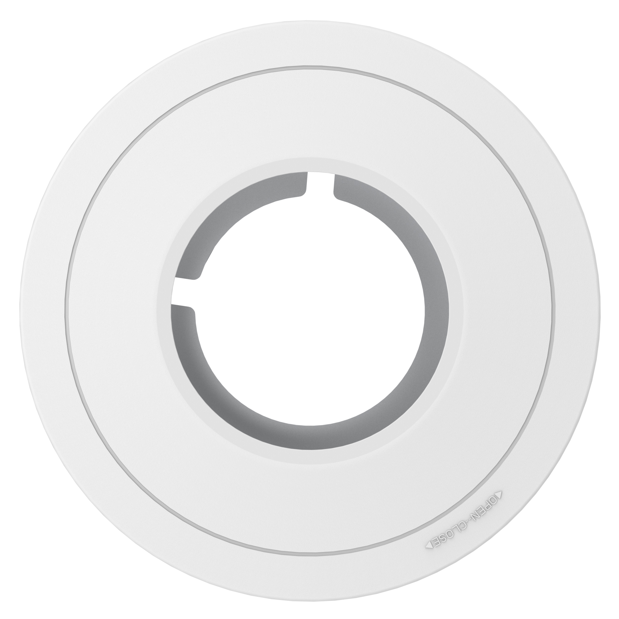 Runde weiße Abdeckung mit zentraler Öffnung und OPEN–CLOSE-Markierung, Draufsicht