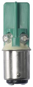 LED-Leuchtmittel mit grüner Kunststoffoberseite, zwei sichtbaren LED-Dioden und Metall-Bajonettfassung