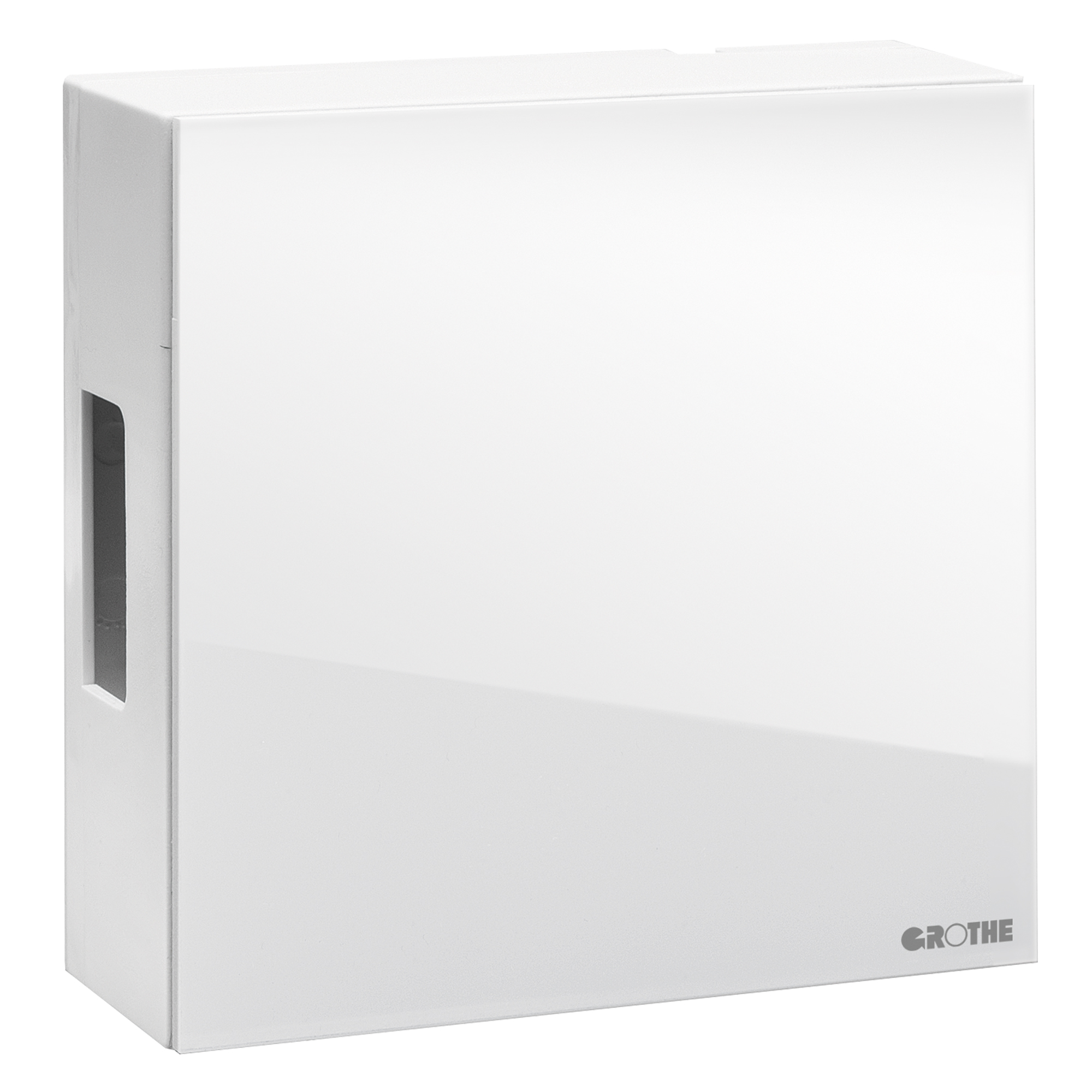 Elektromechanischer Gong mit weißem Gehäuse und weißer Hochglanz-Frontplatte, kantiges Design, Sichtwinkel leicht links.