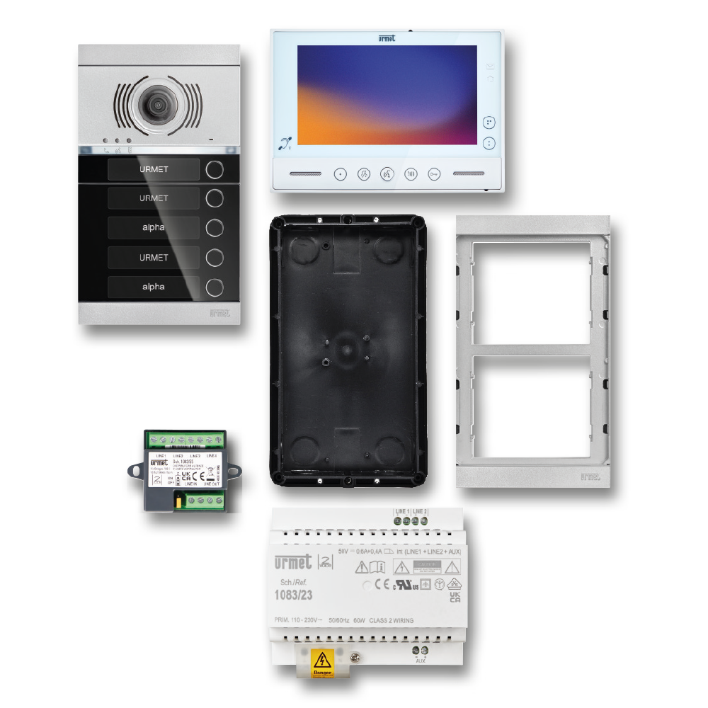 Video-Sprechanlagen-Set Mehrfamilienhaus mit ALPHA Türstation, Videomonitor VMODO, Adapterrahmen, Unterputzrahmen, Netzgerät und Videoverteiler