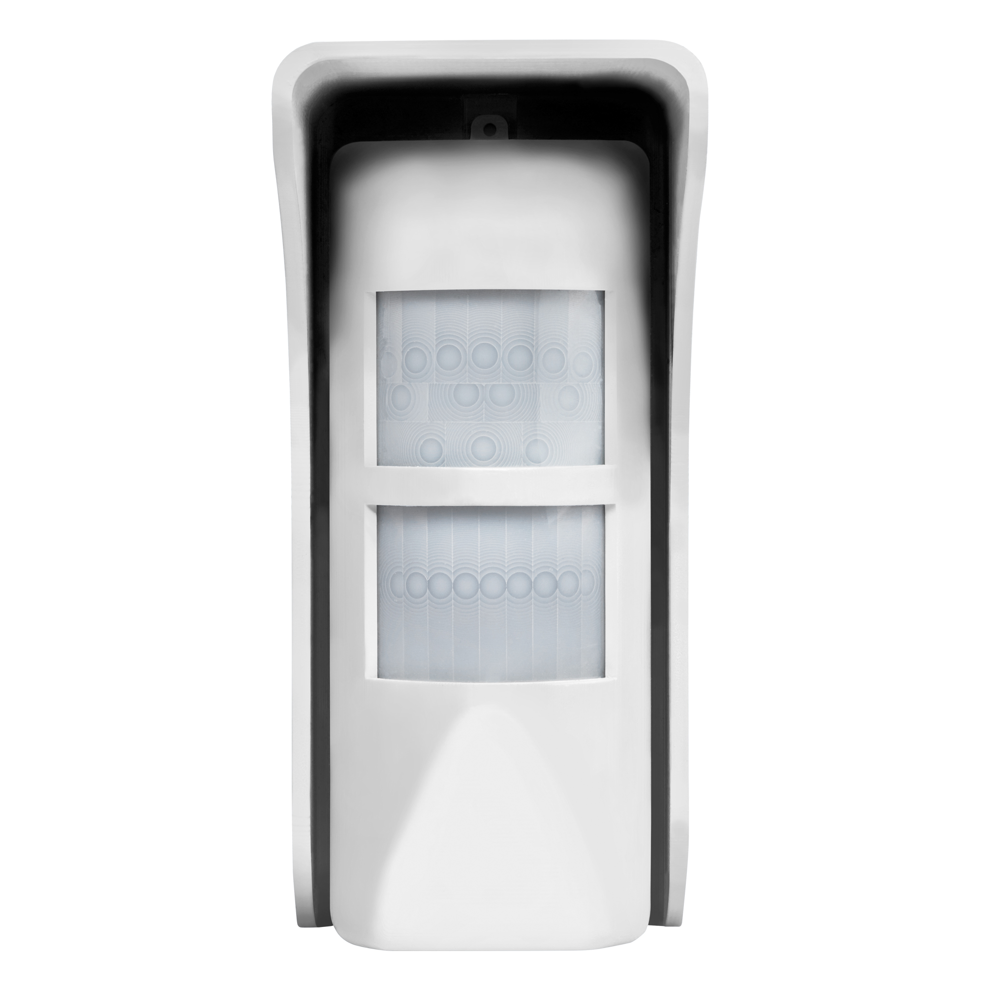 Weißer Außenbewegungsmelder mit Wetterschutzhaube und zwei Sensorfeldern