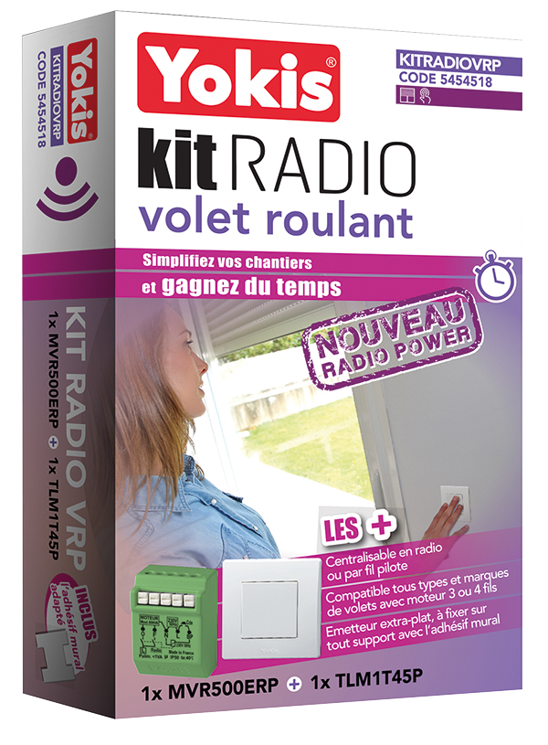 Funk-Rollladen-Set von Yokis mit weißem Wandsender und grünem Funkaktor für Motorsteuerung.