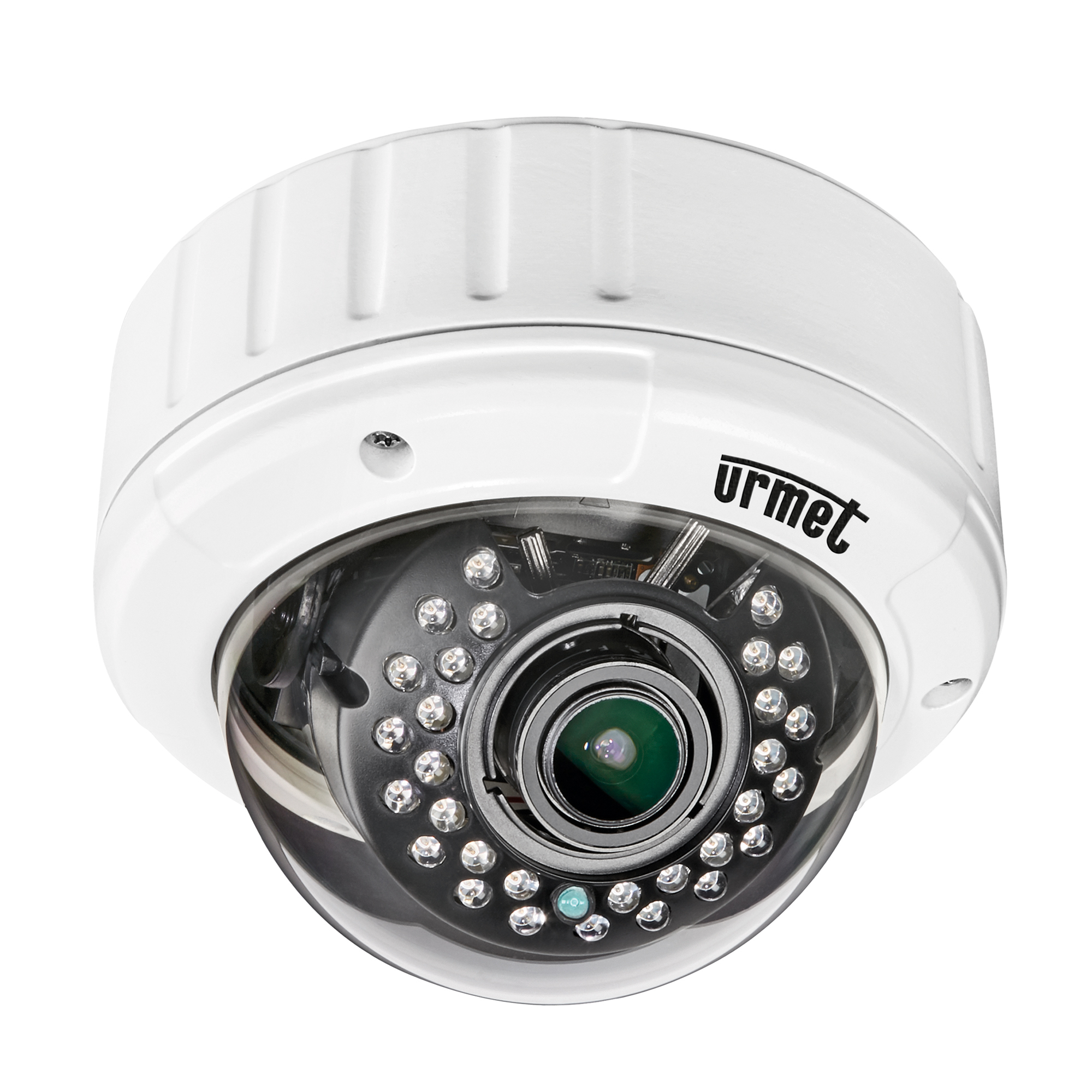 Weiße Urmet Dome-Kamera mit sichtbarer Elektronik, zentralem Objektiv und umlaufenden Infrarot-LEDs für Nachtaufnahmen.