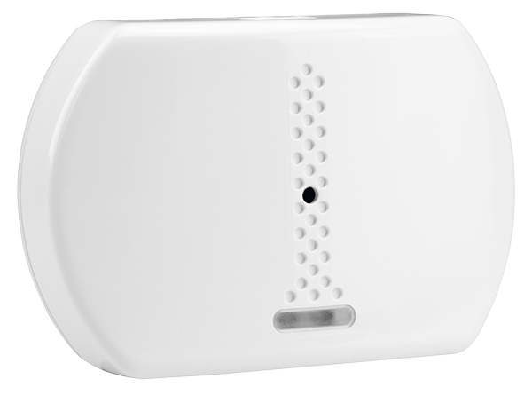 Weißes Gehäuse mit seitlicher Abrundung, mittig gelochtem Muster und LED-Anzeige am unteren Rand.