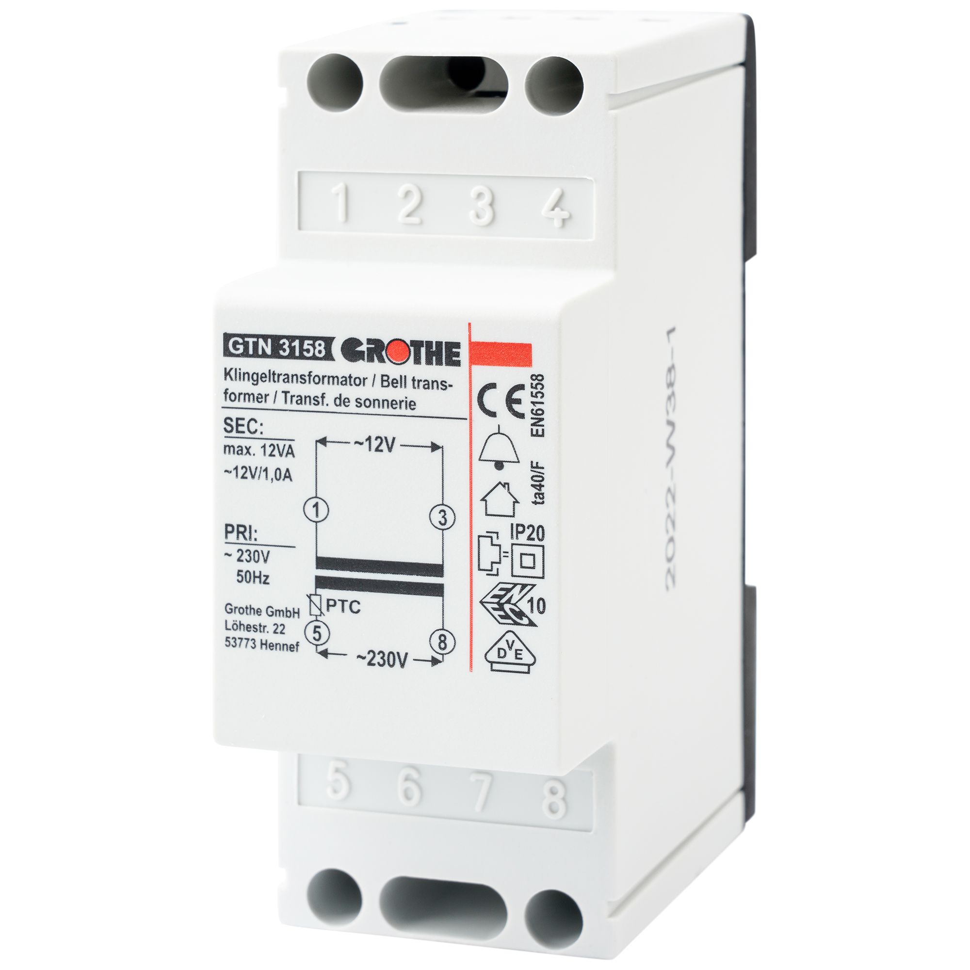 Sicherheitstransformator GTN 3158 von Grothe im Hutschienengehäuse mit Anschlussklemmen und Schaltbild in Schrägansicht