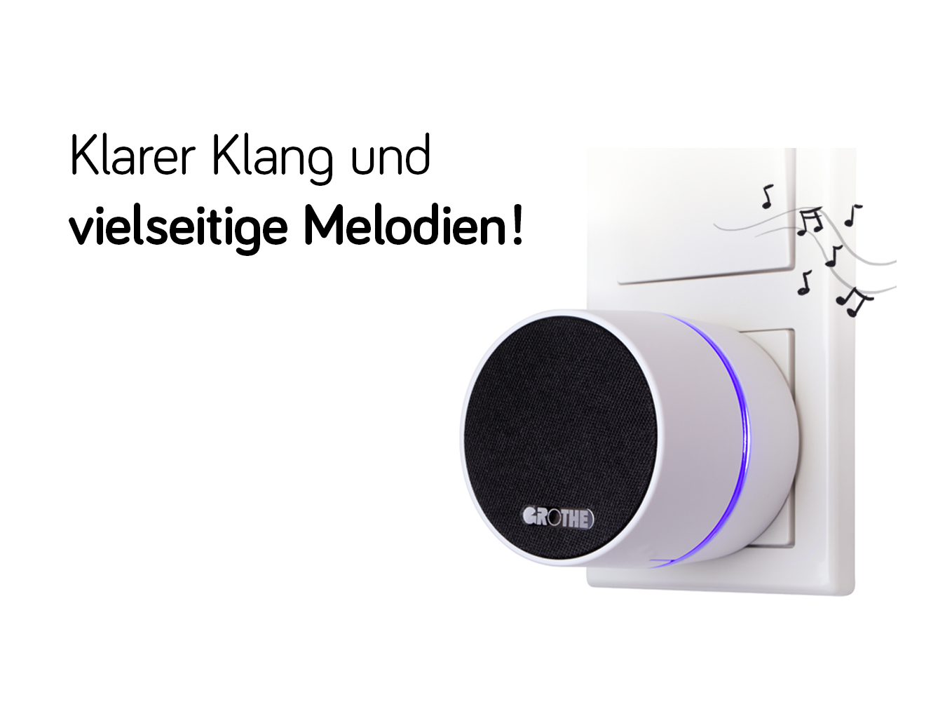 Der Steckdosen-Funkgong steckt in einer Steckdose; daneben steht "Klarer Klang und vielseitige Melodien!"