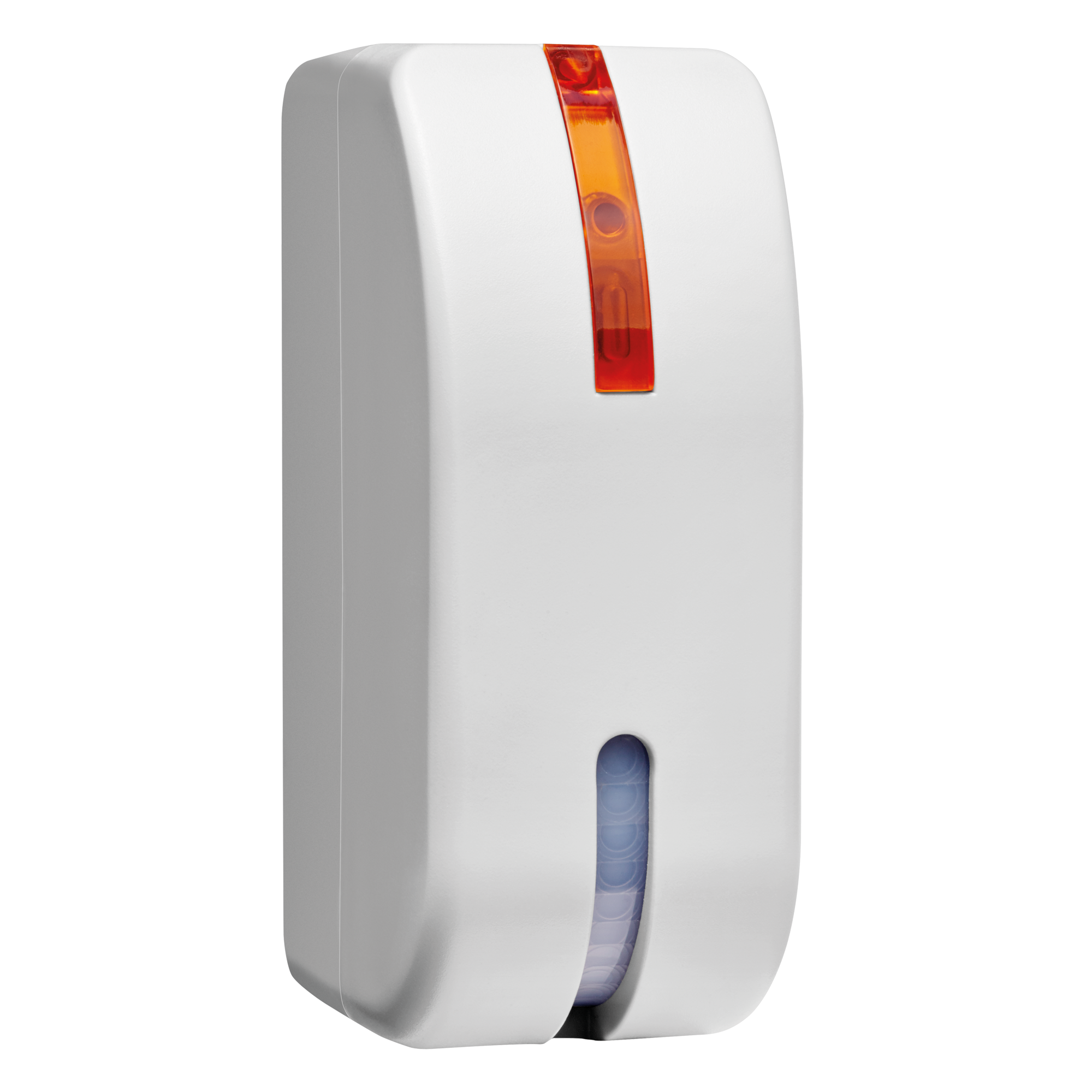 Weißer Vorhang-Bewegungsmelder mit schmalem Gehäuse, orangefarbener Status-LED und linienförmigem Erfassungsbereich