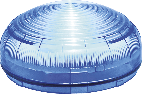 Kompakte LED-Warnleuchte mit blauer Haube und horizontalen Leuchtringen