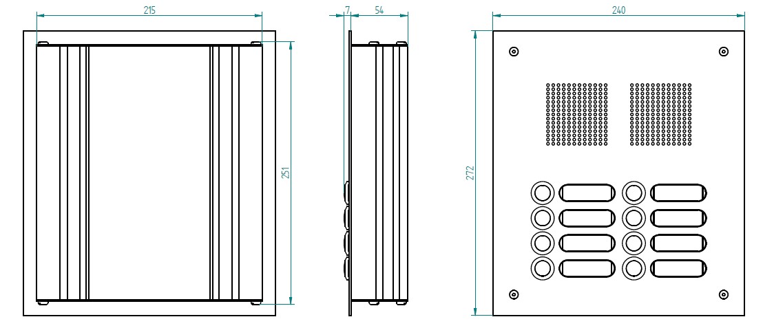ROBUSTA Aluminium-Türstation mit Namensschildern und Klingelknöpfen in zwei Reihen; darüber ist das Lautsprechergitter zu sehen