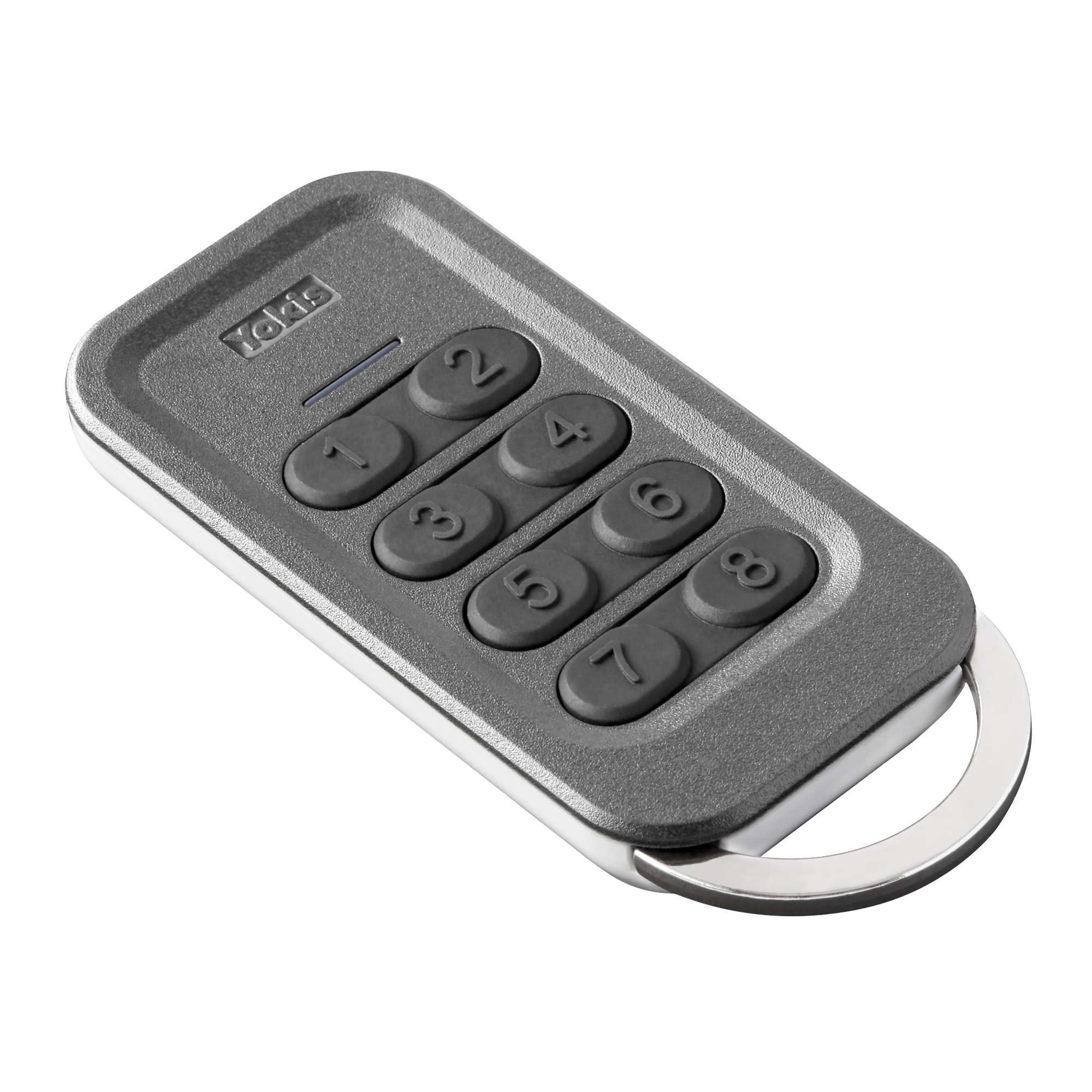 Funkfernbedienung mit acht Tasten – kompaktes Design für die komfortable Steuerung von bis zu vier Funktionen.