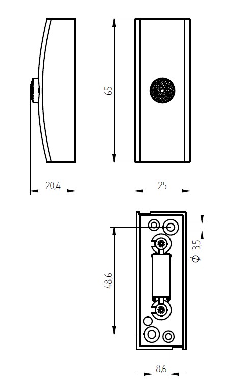 Rechteckiger, weißer Klingeltaster mit gewölbtem Gehäuse und runder, genoppter Taste in der Mitte, schräge Draufsicht.