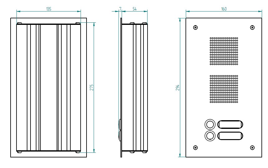 ROBUSTA Aluminium-Türstation mit zwei Namensschildern und Klingelknöpfen in einer Reihe; darüber ist das Lautsprechergitter zu sehen