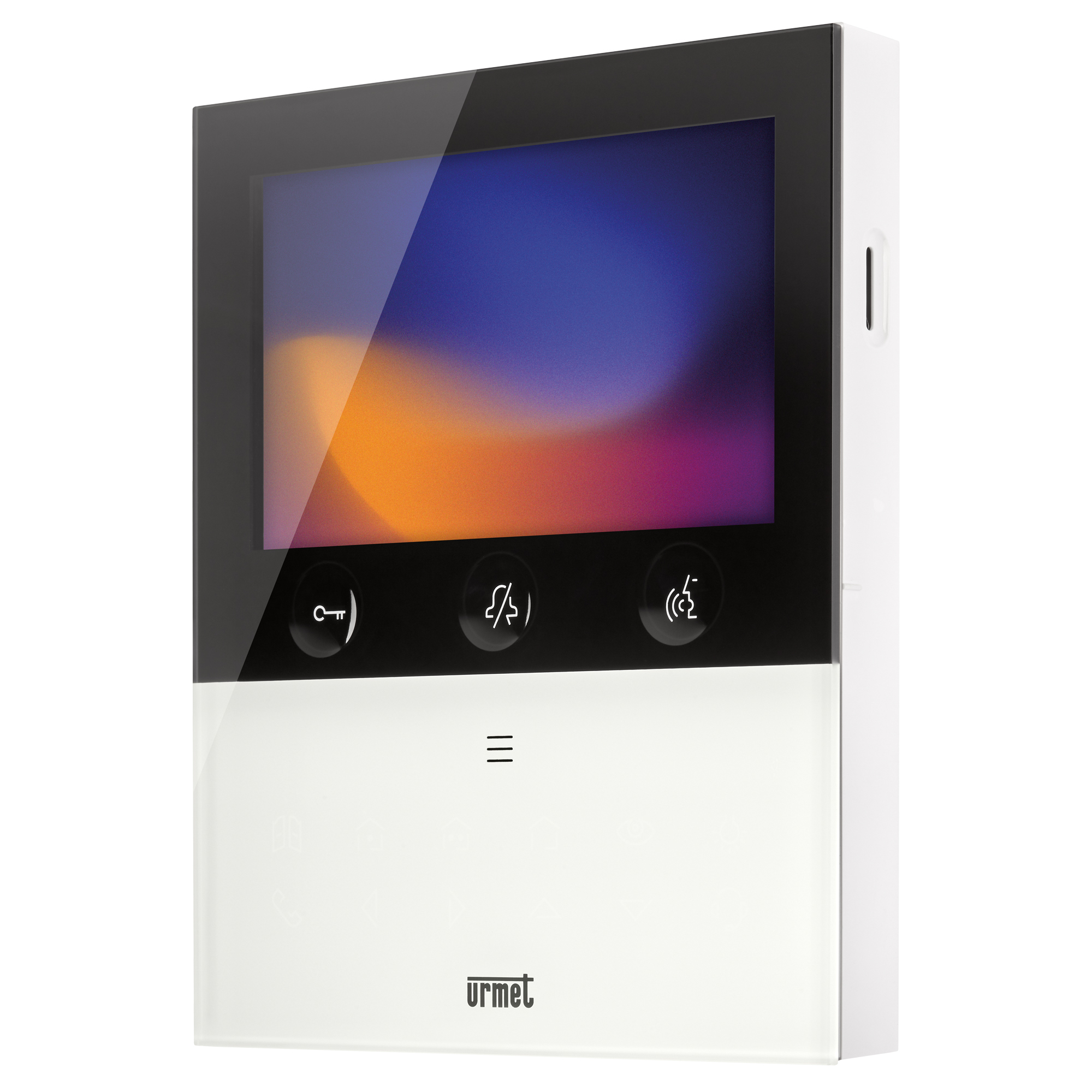 Videomonitor mit Farbdisplay, drei runden Tasten mit Symbolen, grünen LEDs und weiß-schwarzem Gehäuse.