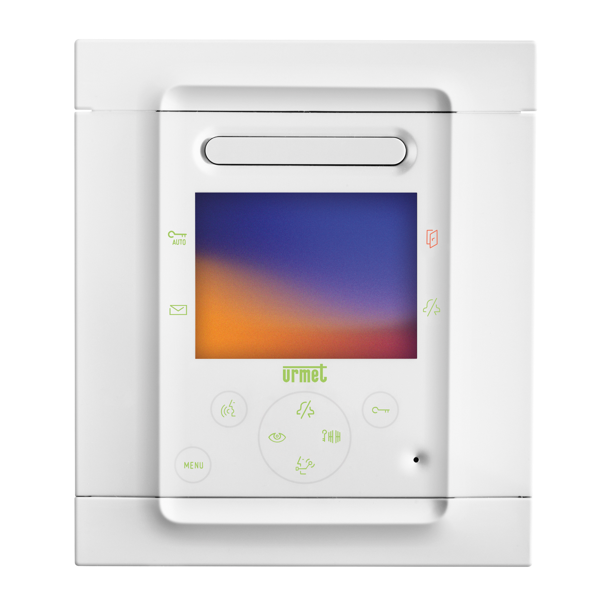 Weißer Urmet Videomonitor mit Farbdisplay, oberem Lautsprecher und beleuchteten Funktionstasten für Tür, Kamera und Menü.