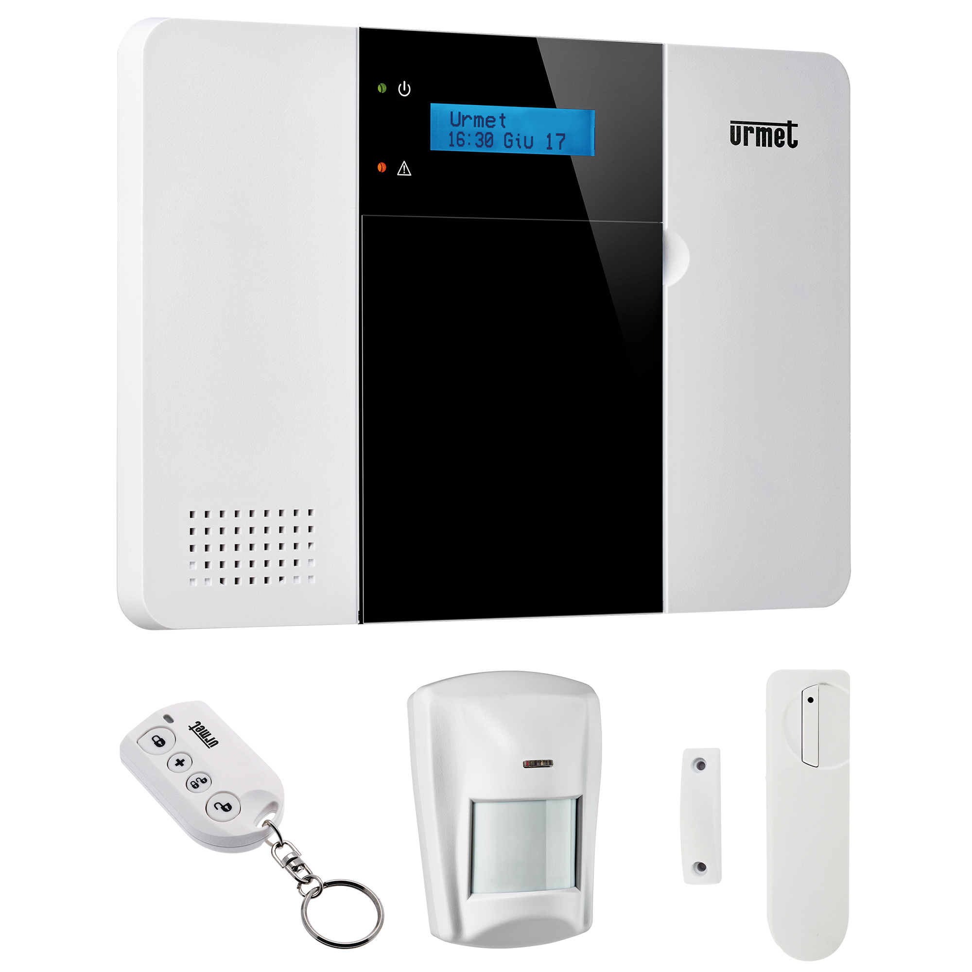 Zeno Pro im Set mit einer Funkferndbedienung, Bewegungsmelder und Magnetkontakt.