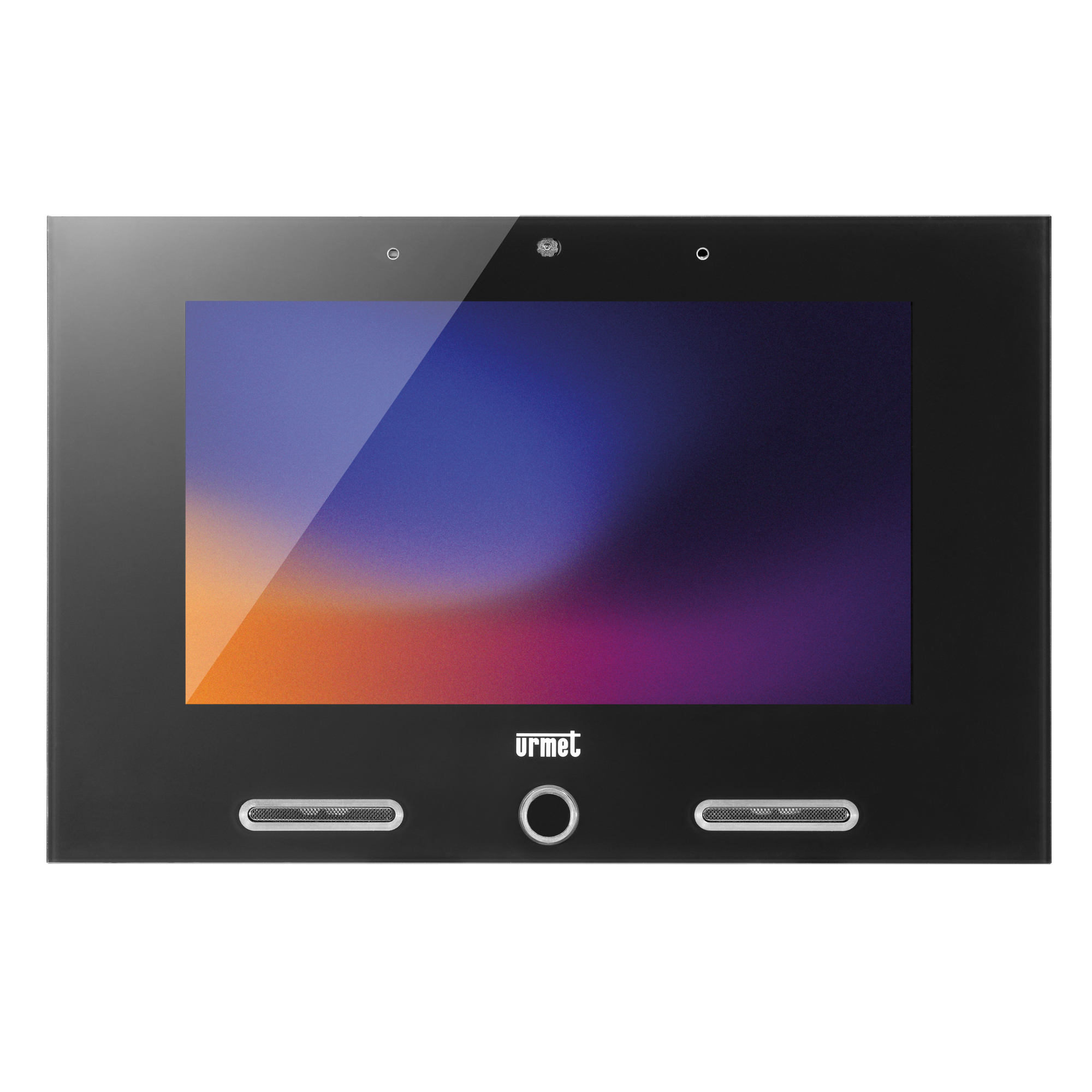 Schwarzer Video-Monitor VOG 7 mit großem Farbdisplay, Glasfront, seitlichen Lautsprechern und mittlerer runder Taste.