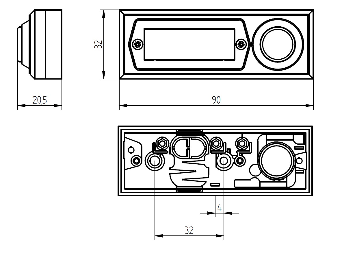 Klingeltaster mit rundem Druckknopf links und rechteckigem Namensfeld rechts, zwei sichtbare Schrauben zur Befestigung.