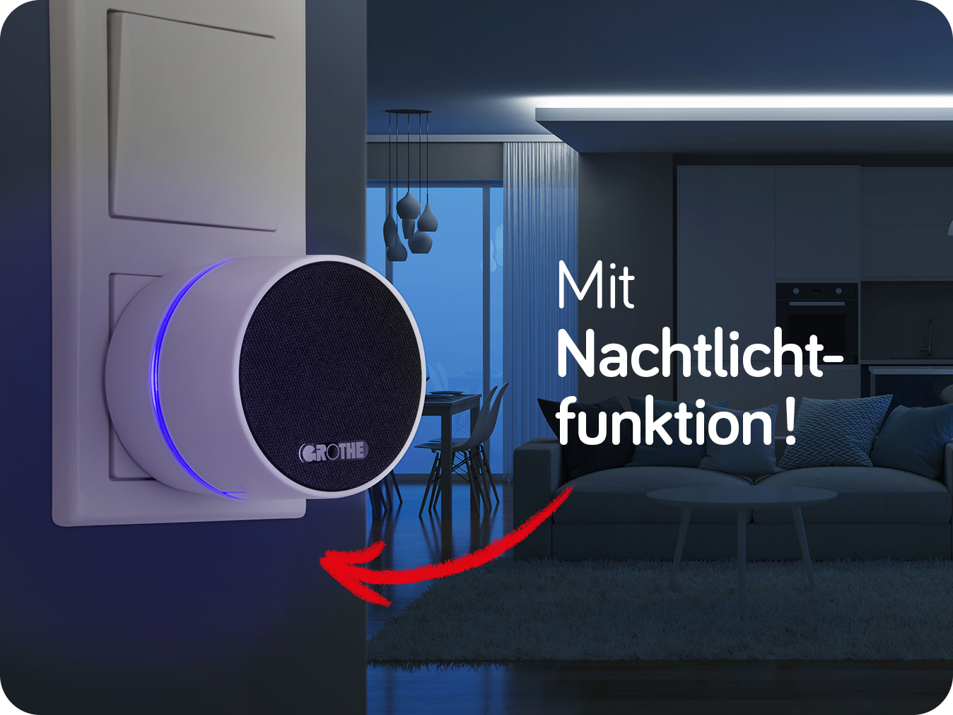 Der Steckdosen-Funkgong CALIMA 400 steckt in einer Steckdose an der Wand, rechts ist im Hintergrund ein Wohnraum im Halbdunkel; an einem Pfeil im Vordergrund steht "Mit Nachtlichtfunktion!"