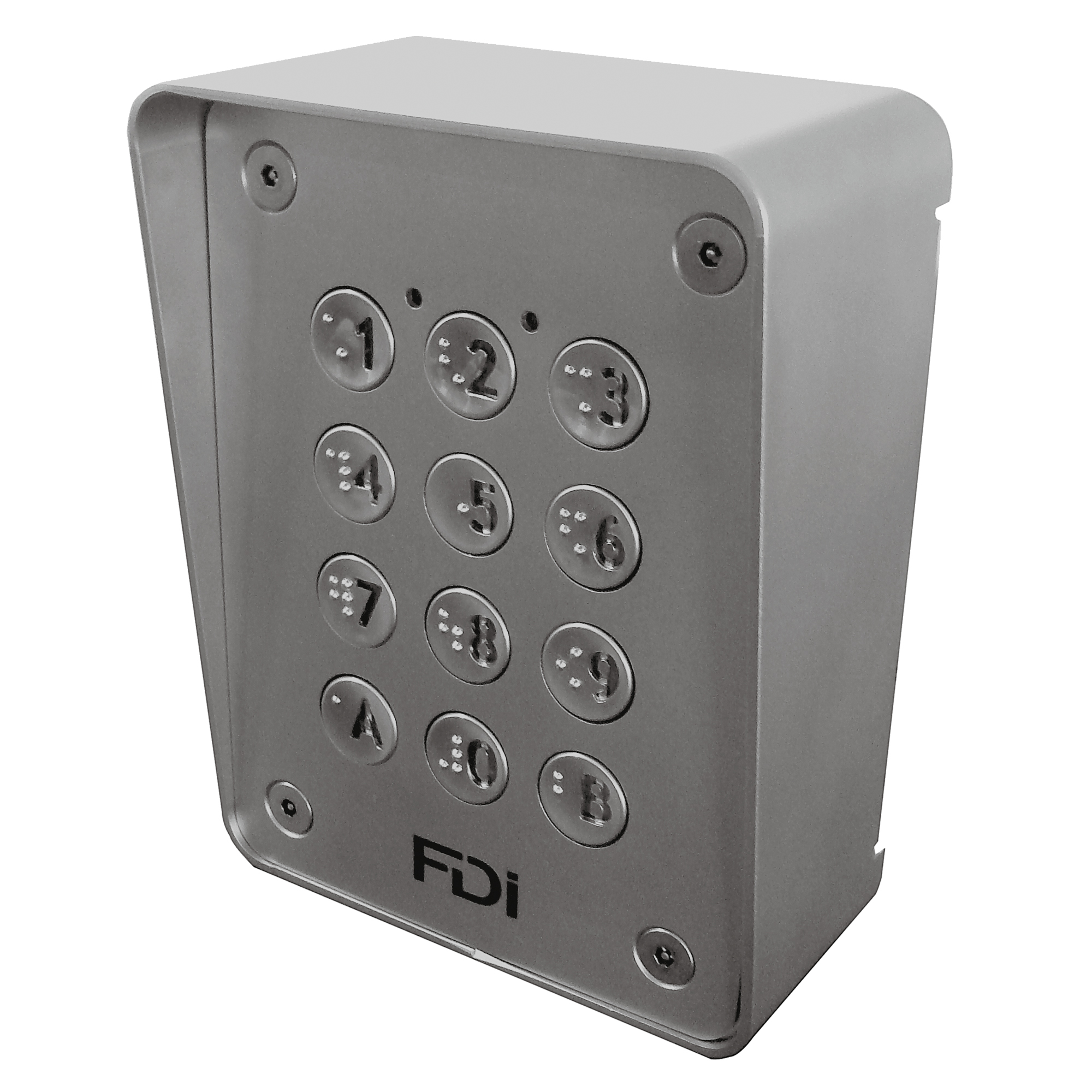 Silbernes Aufputzgehäuse aus Metall mit rechteckiger Form, abgerundeten Kanten und seitlichen Bohrungen zur Befestigung.