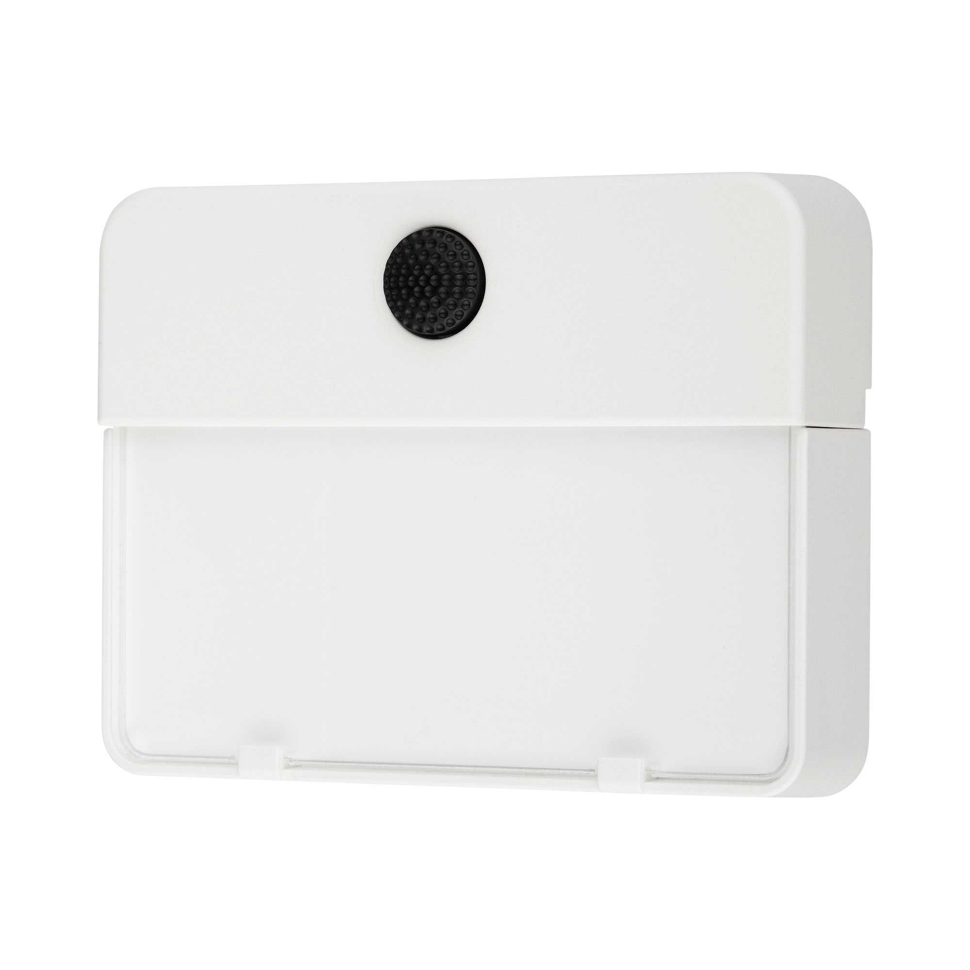 Weiße Klingelplatte mit großem, beschriftbarem Namensfeld und schwarzer Taste mittig oben, frontal fotografiert.