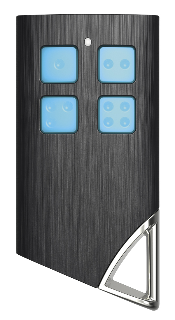 Schwarze Funkfernbedienung mit gebürsteter Oberfläche, vier blauen Tasten und silbernem Metallöse unten rechts.