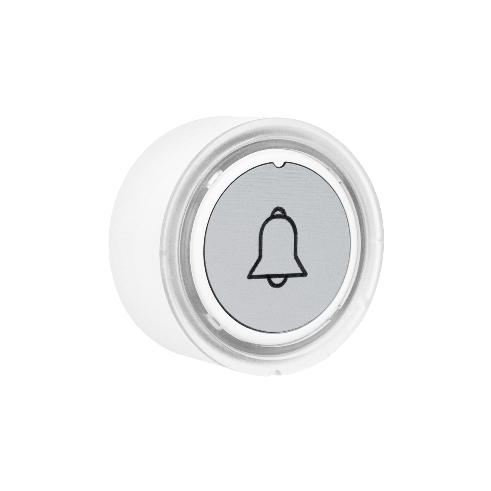 Runder Aufputz-Funksender mit silberner Glockentaste und weißem Gehäuse, leicht schräge Seitenansicht.