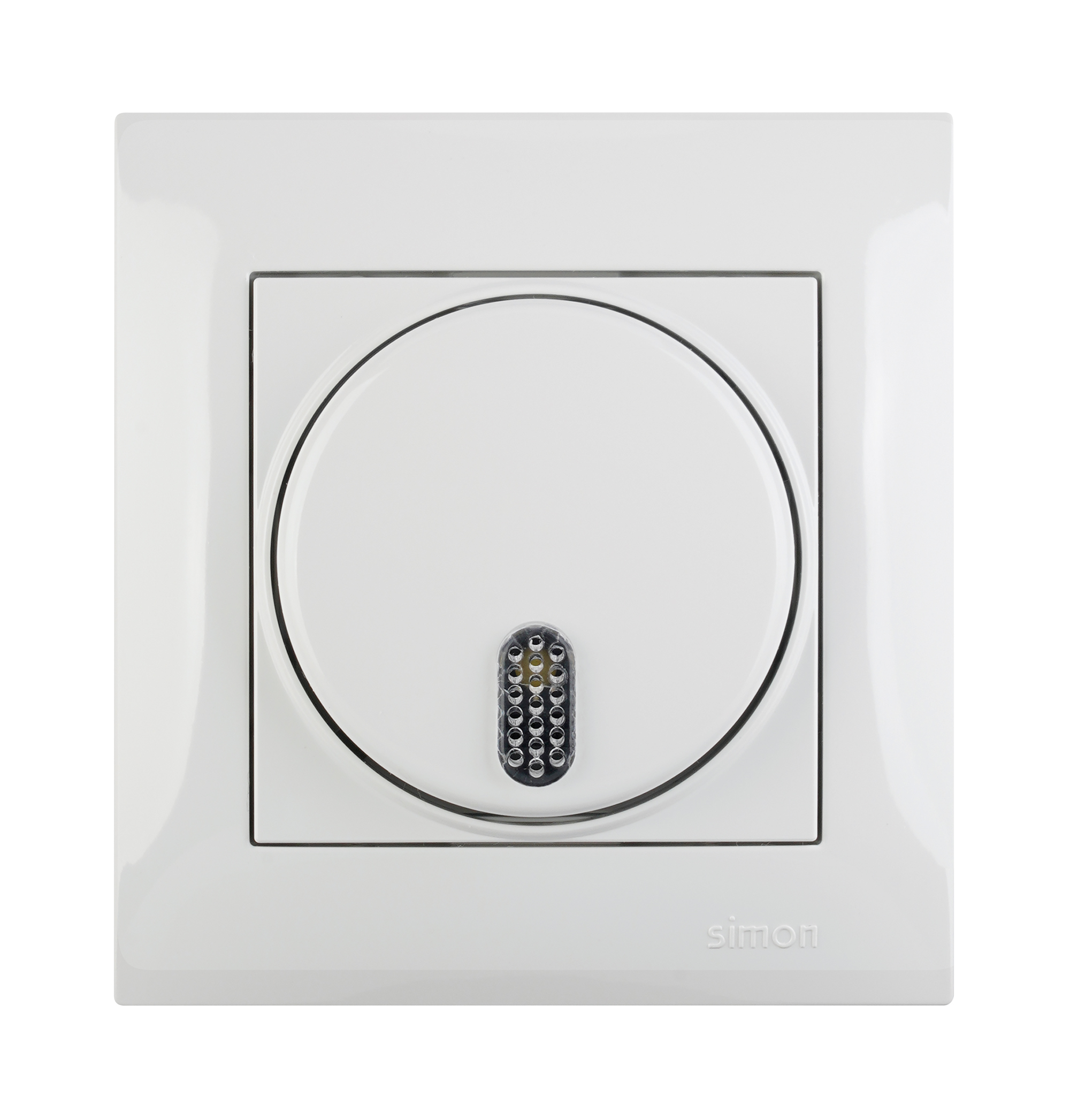 Weißer Signalgeber mit rundem Tasterfeld und schwarzer LED-Anzeige im unteren Bereich, Aufputzmontage möglich