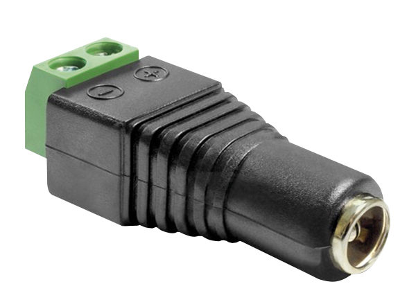 DC-Hohlstecker mit Schraubklemmenadapter, schwarze und grüne Kunststoffummantelung